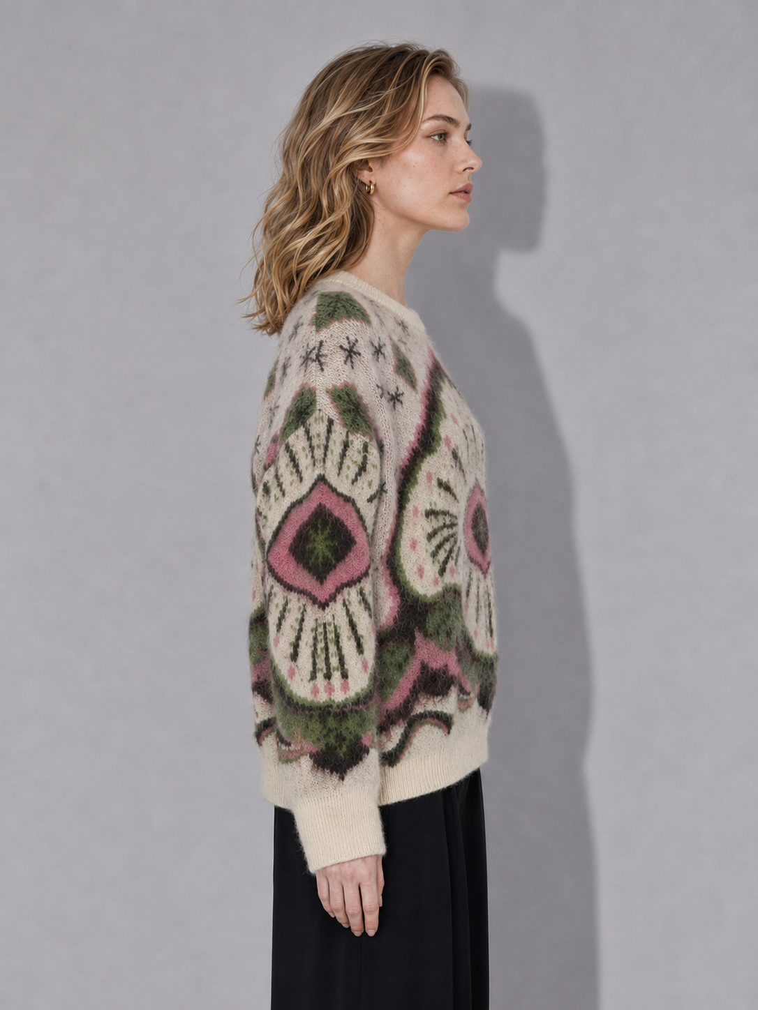 Women's vintage country-themed knit pullover sweater, casual long-sleeved loose oversized sweater