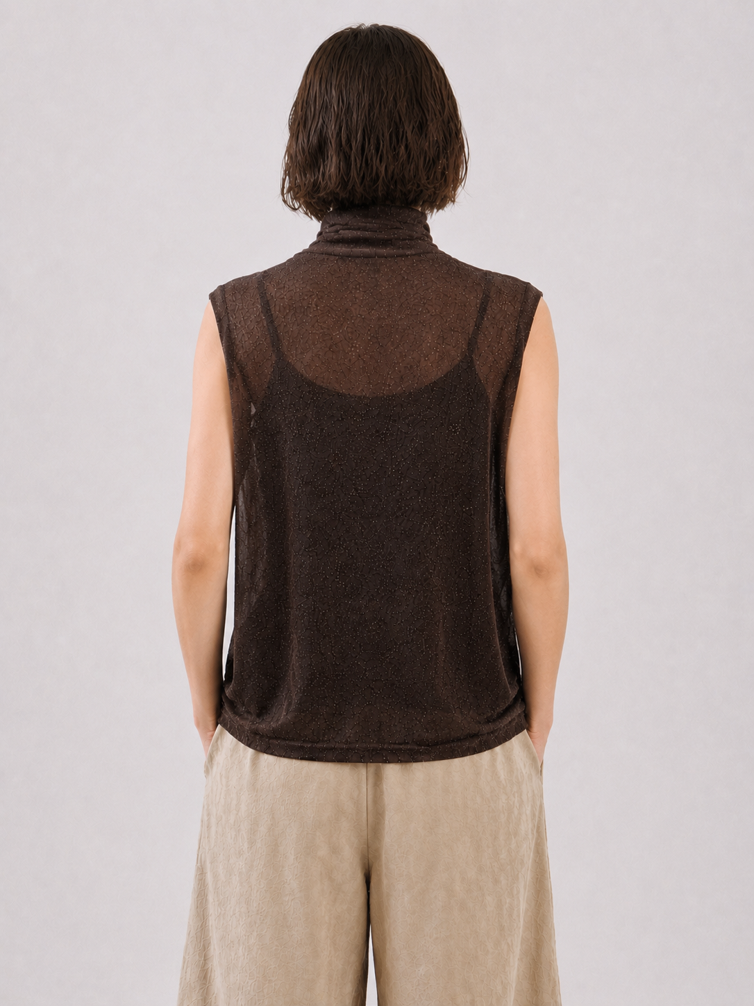 Womens Sleeveless Turtleneck Knit Top Semi Sheer Pointelle Tank Ladies High Neck Thin Summer Knitted Vest Pullover Shirt