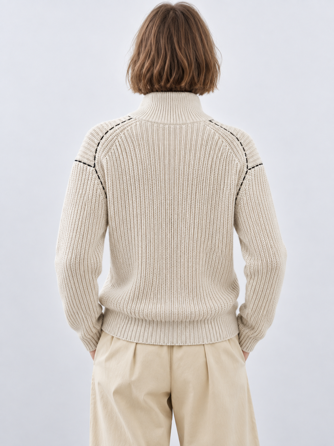 Women's Half Zip Ribbed Knit Sweater Mock Neck Long Sleeve Pullover with Contrast Stitching Relaxed Fit Jumper