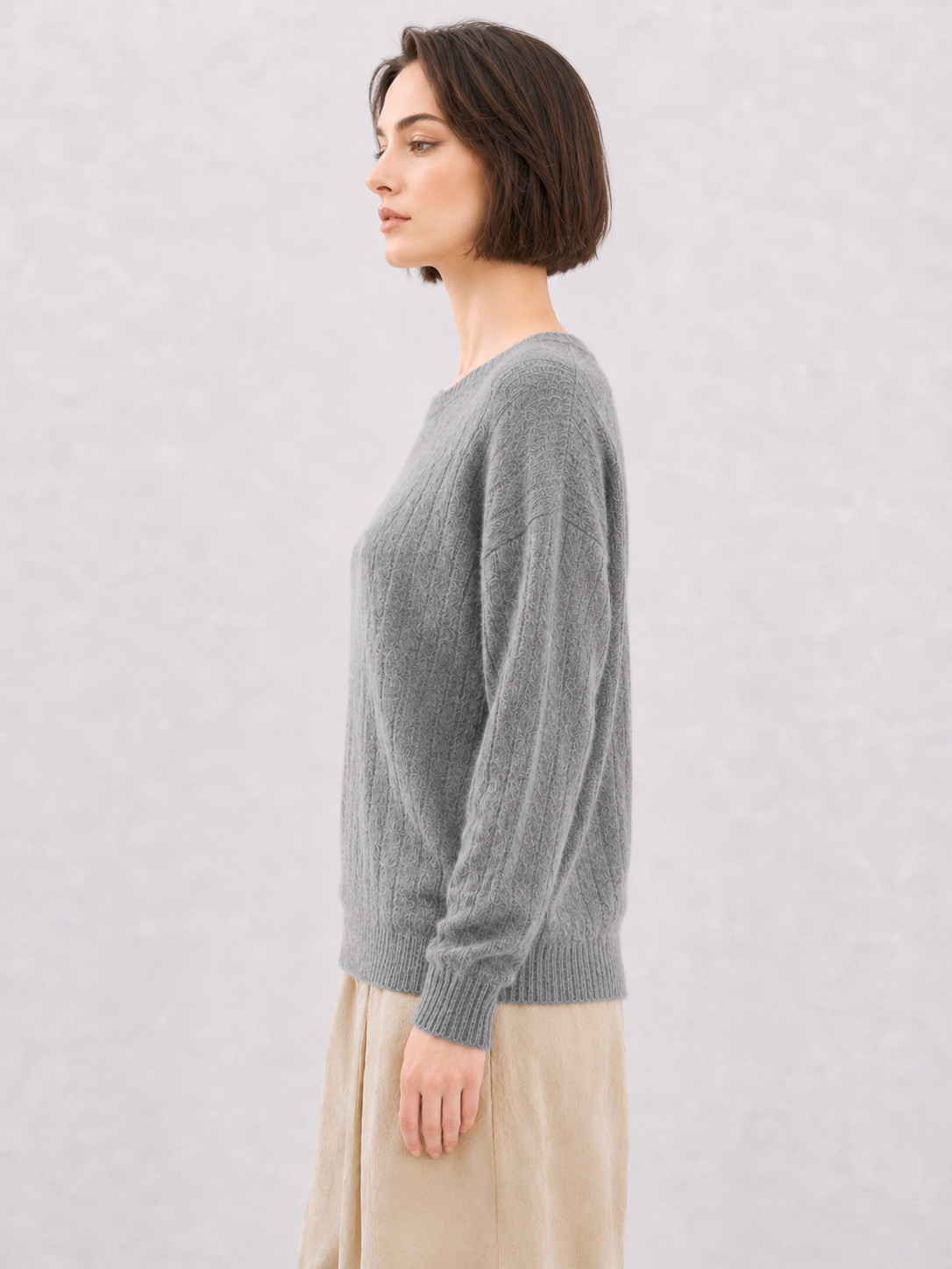 Womens Cable Knit Sweater Crew Neck Pullover Heather Grey Ribbed Trim Loose Ladies Jumper Autumn Winter Knitwear Top