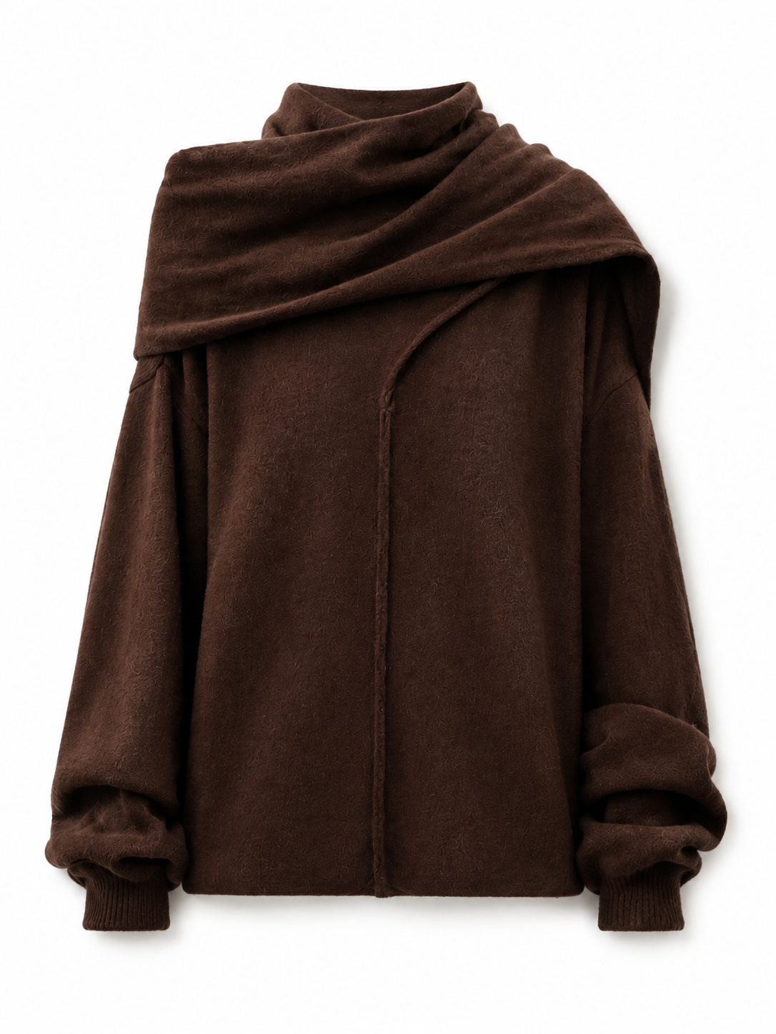Dark Brown Women's Oversized Knit Sweater Asymmetric Draped Scarf Collar Long Sleeve Loose Pullover