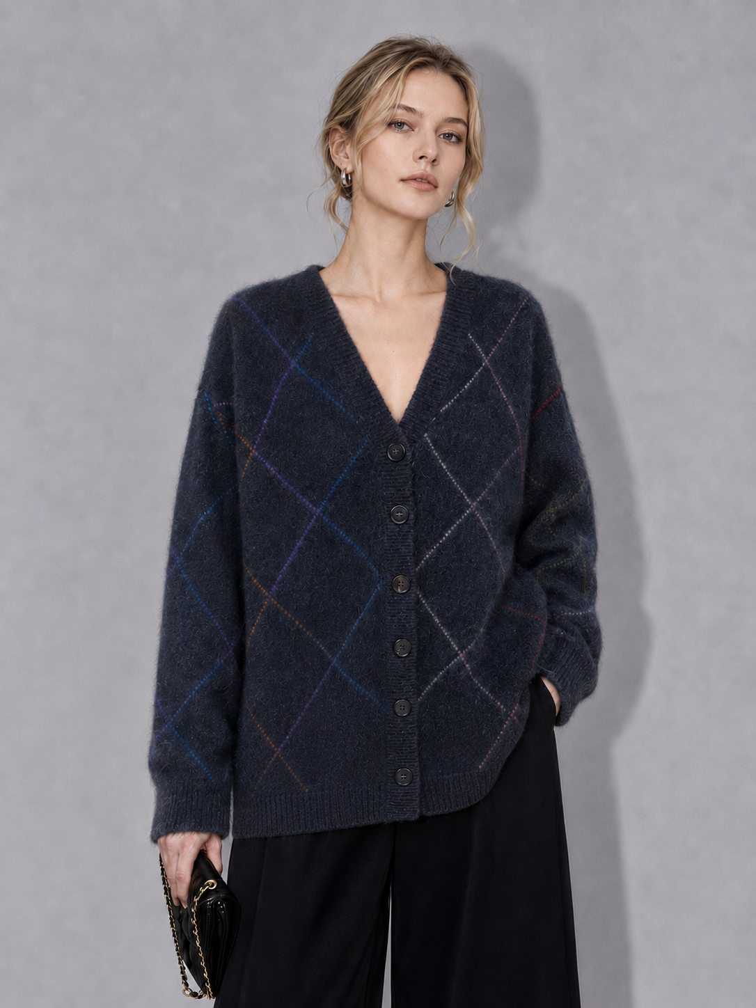 Womens Argyle Knit Cardigan V Neck Button Down Oversized Sweater Ladies Long Sleeve Autumn Winter Knitted Jumper Coat