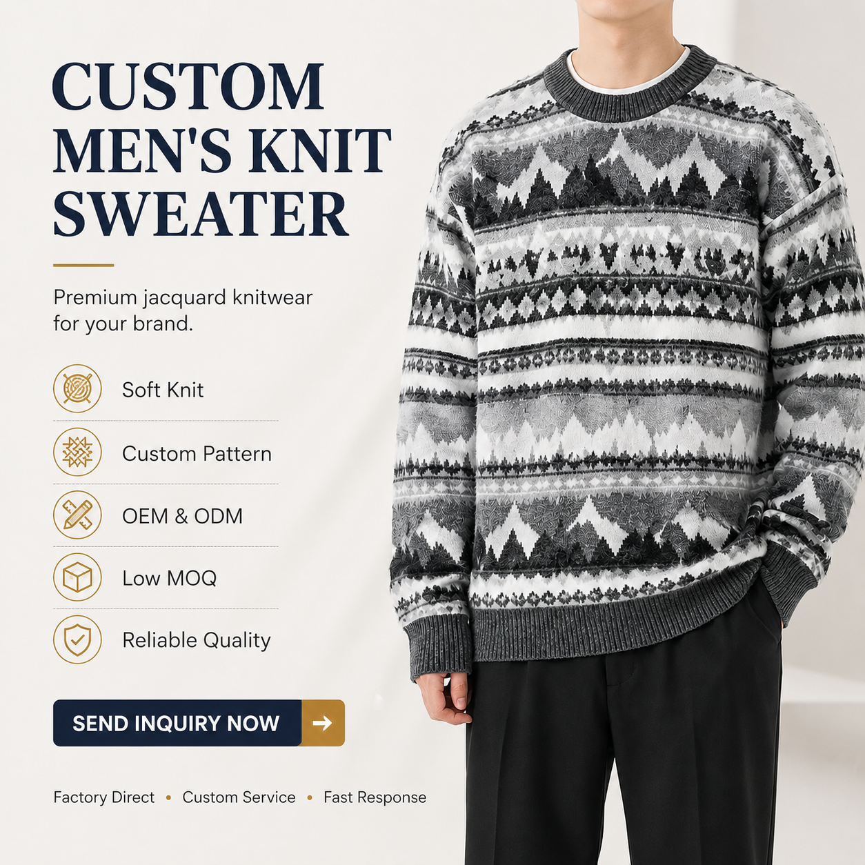 Custom Men's Jacquard Knit Sweater Nordic Pattern Pullover Crew Neck Winter Wool Knitwear OEM ODM Manufacturer