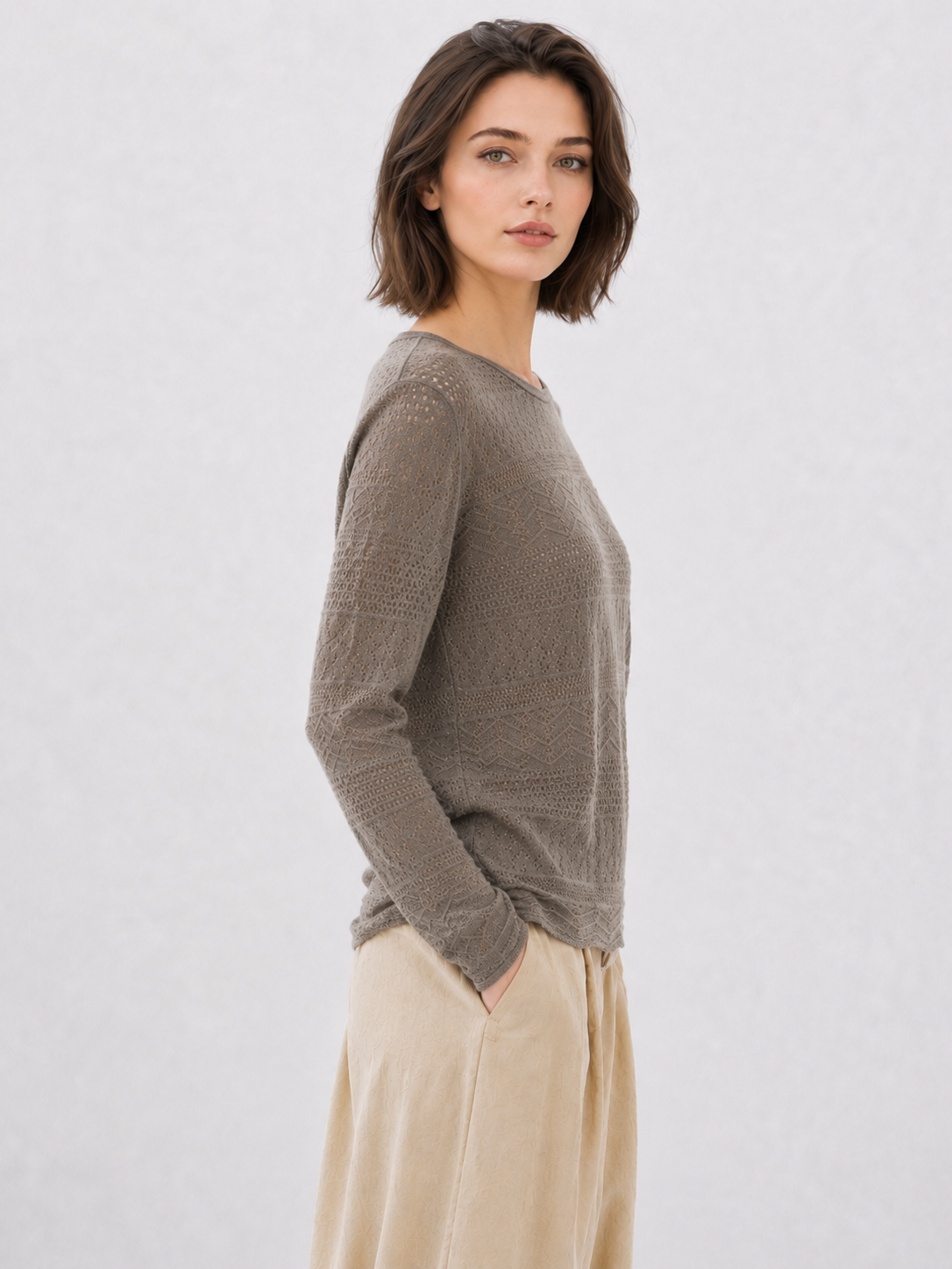 Womens Crew Neck Pointelle Knit Sweater Loose Pullover Taupe Lightweight Openwork Ladies Jumper Spring Autumn Knitwear