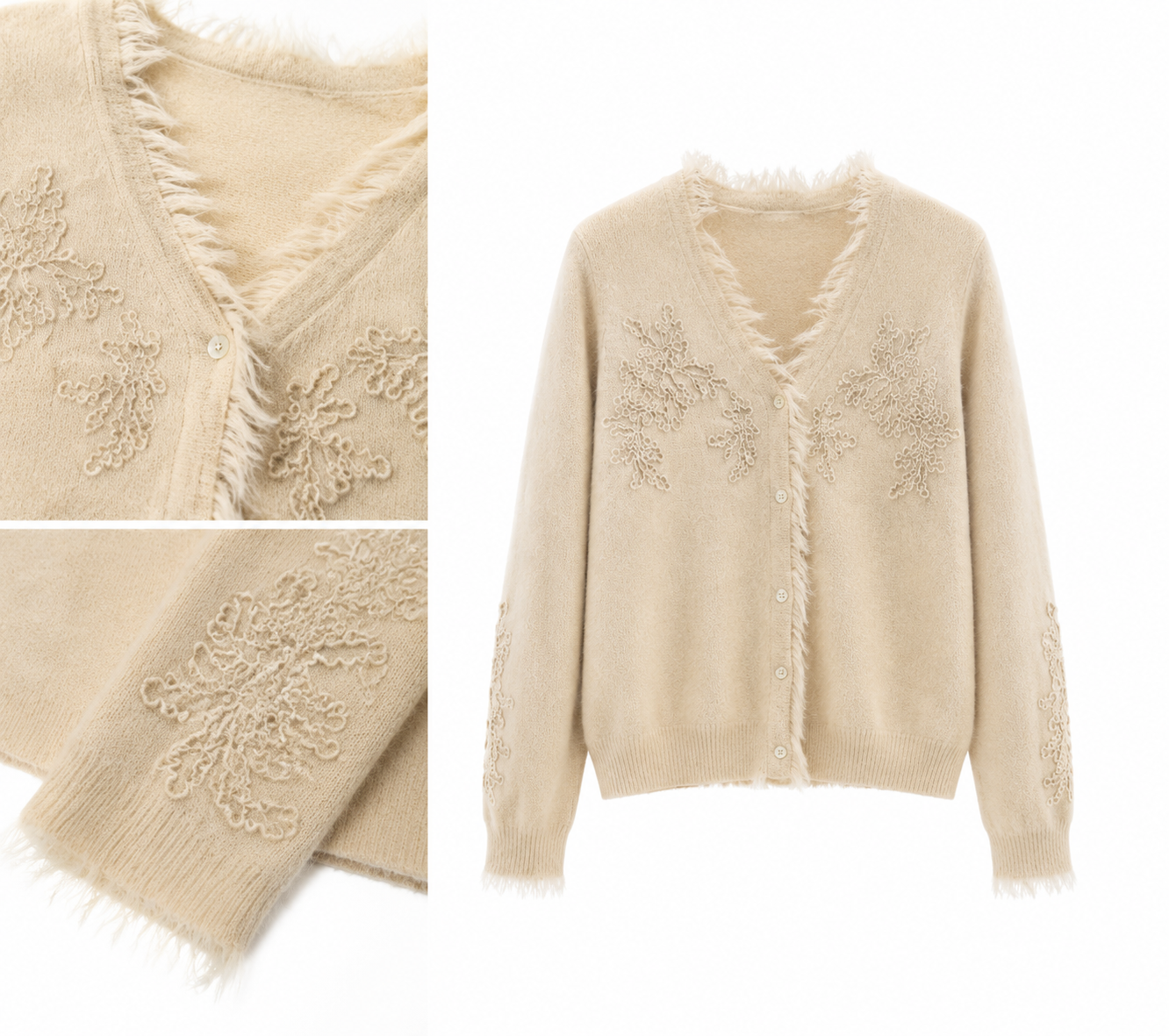 Women Knit Cardigan V Neck Button Up Floral Lace Applique Sweater Feather Fringe Trim Beige Soft Knitwear for Autumn