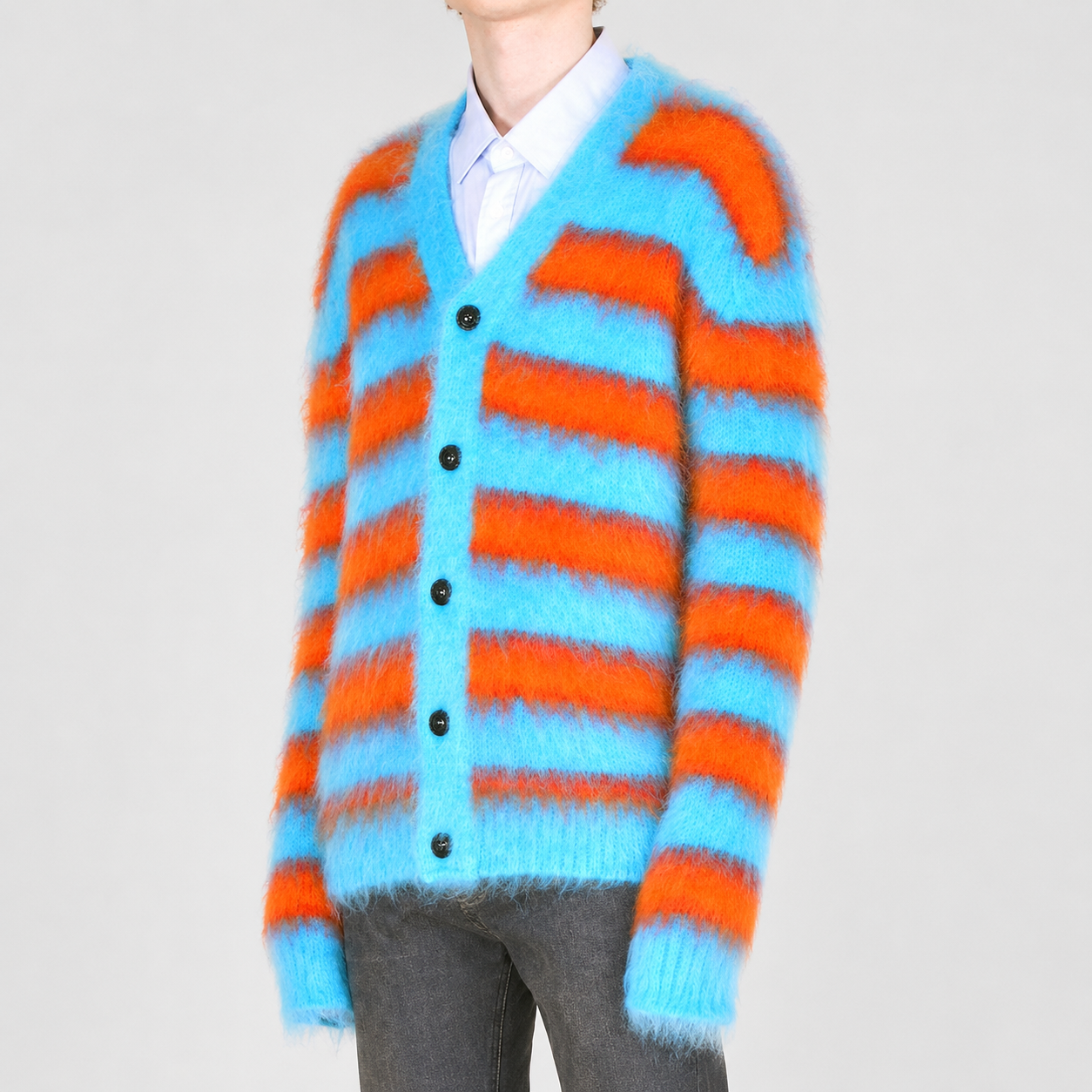 Mohair Sweater Cardigan Furry Knitted Winter Custom Brushed V-neck Long Sleeve Soft Comfortable Design Mohair Sweater for Men