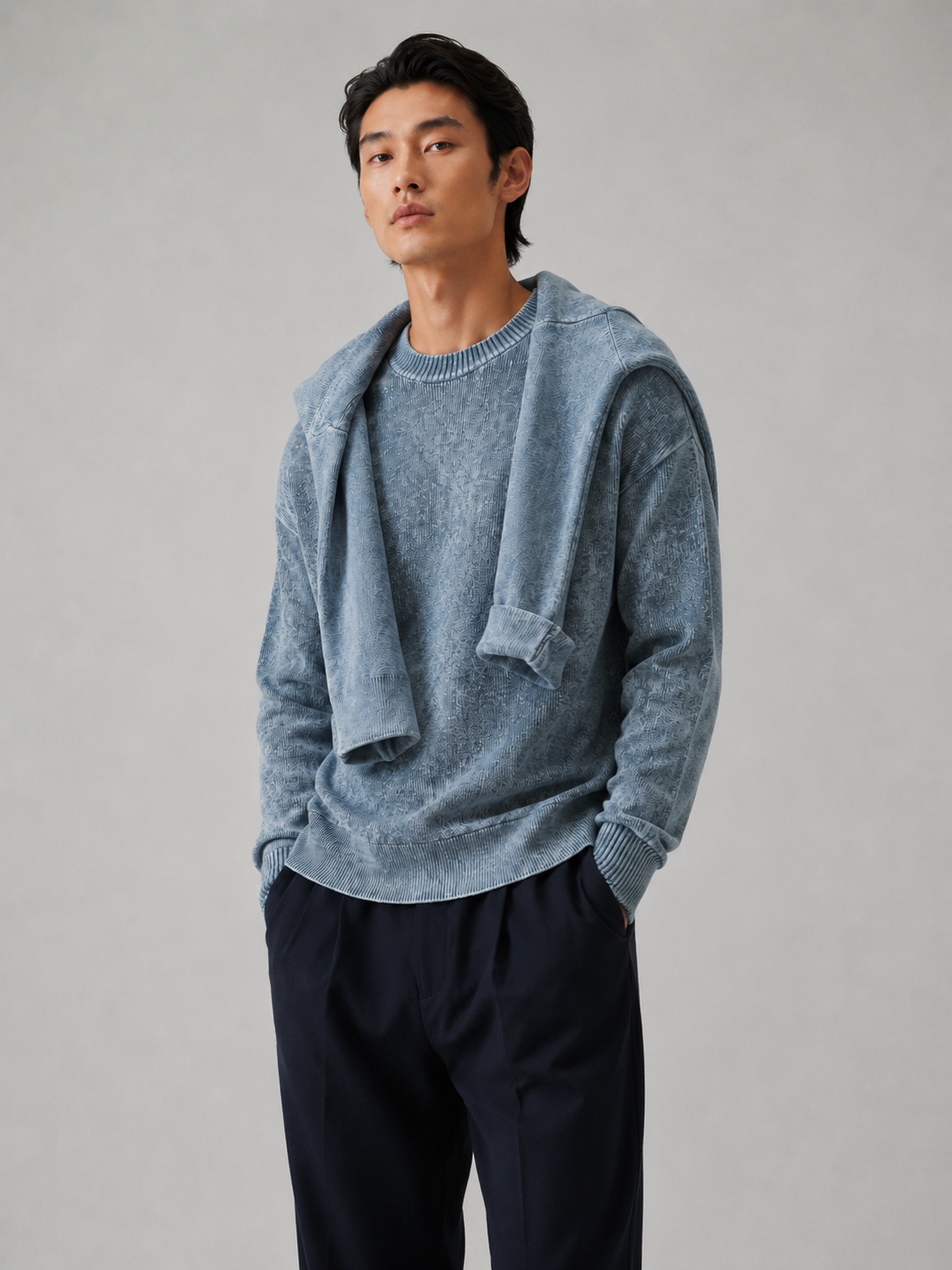 Men's Premium Blue Knit Sweater Oversized Fit Casual Luxury Pullover with Scarf Detail Soft Blend Winter Jumper