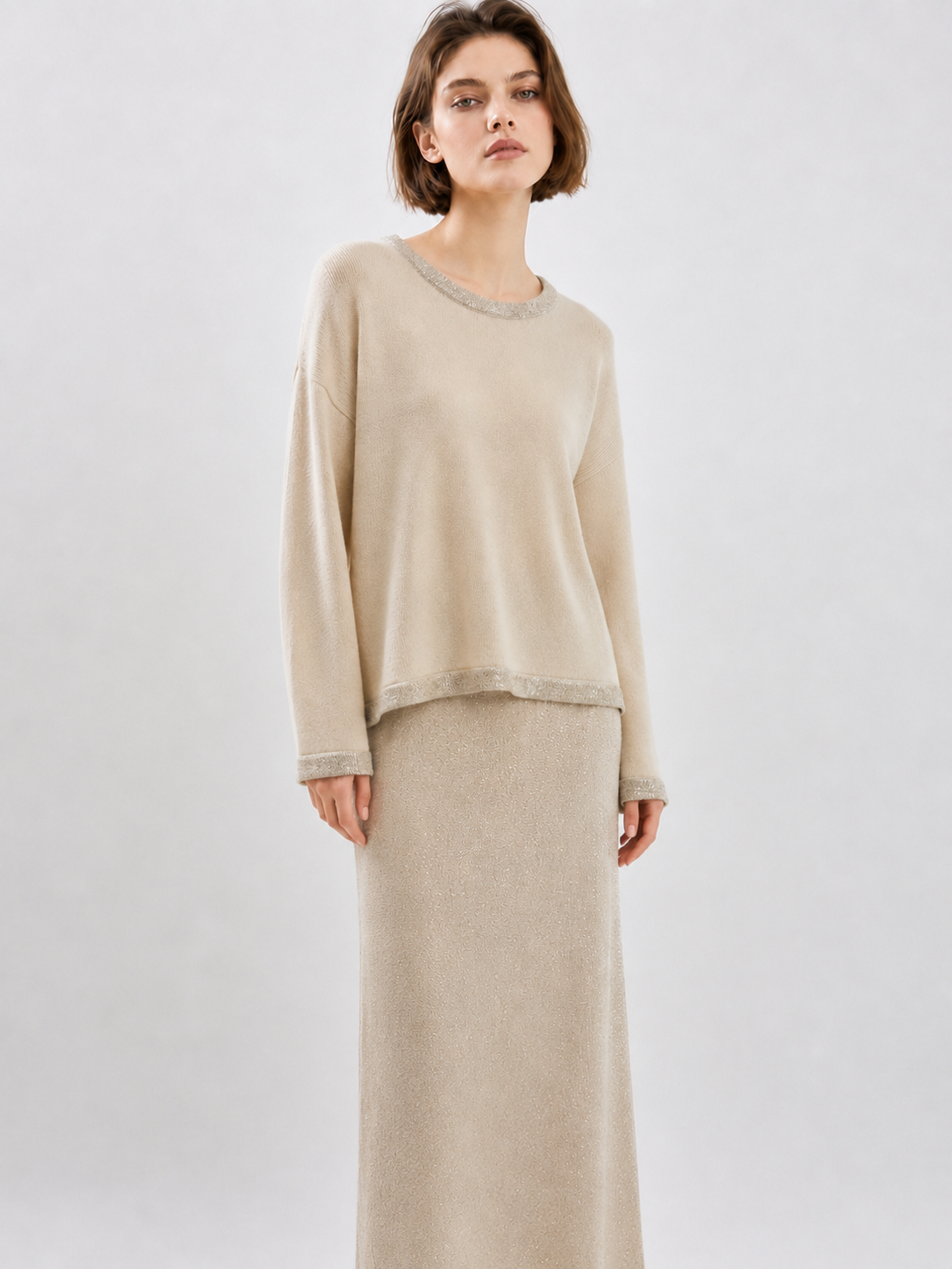 Shimmer Lurex Knit Two Piece Set Women Beige Crew Neck Sweater Maxi Skirt Elegant Modest Quiet Luxury Outfit Suit