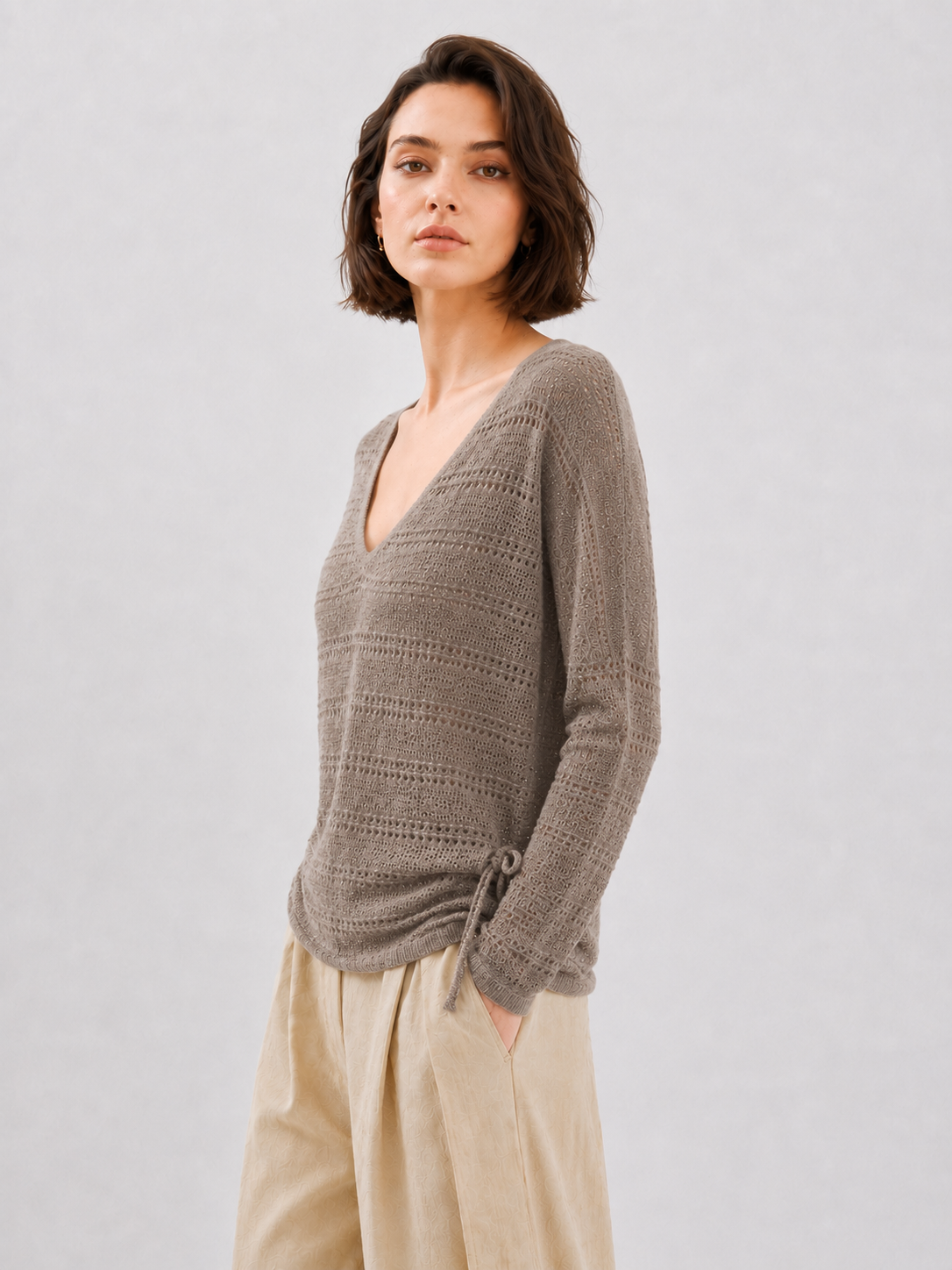 Womens Pointelle Knit Sweater V Neck Loose Pullover Taupe Lightweight Openwork Ladies Jumper Spring Autumn Knitwear