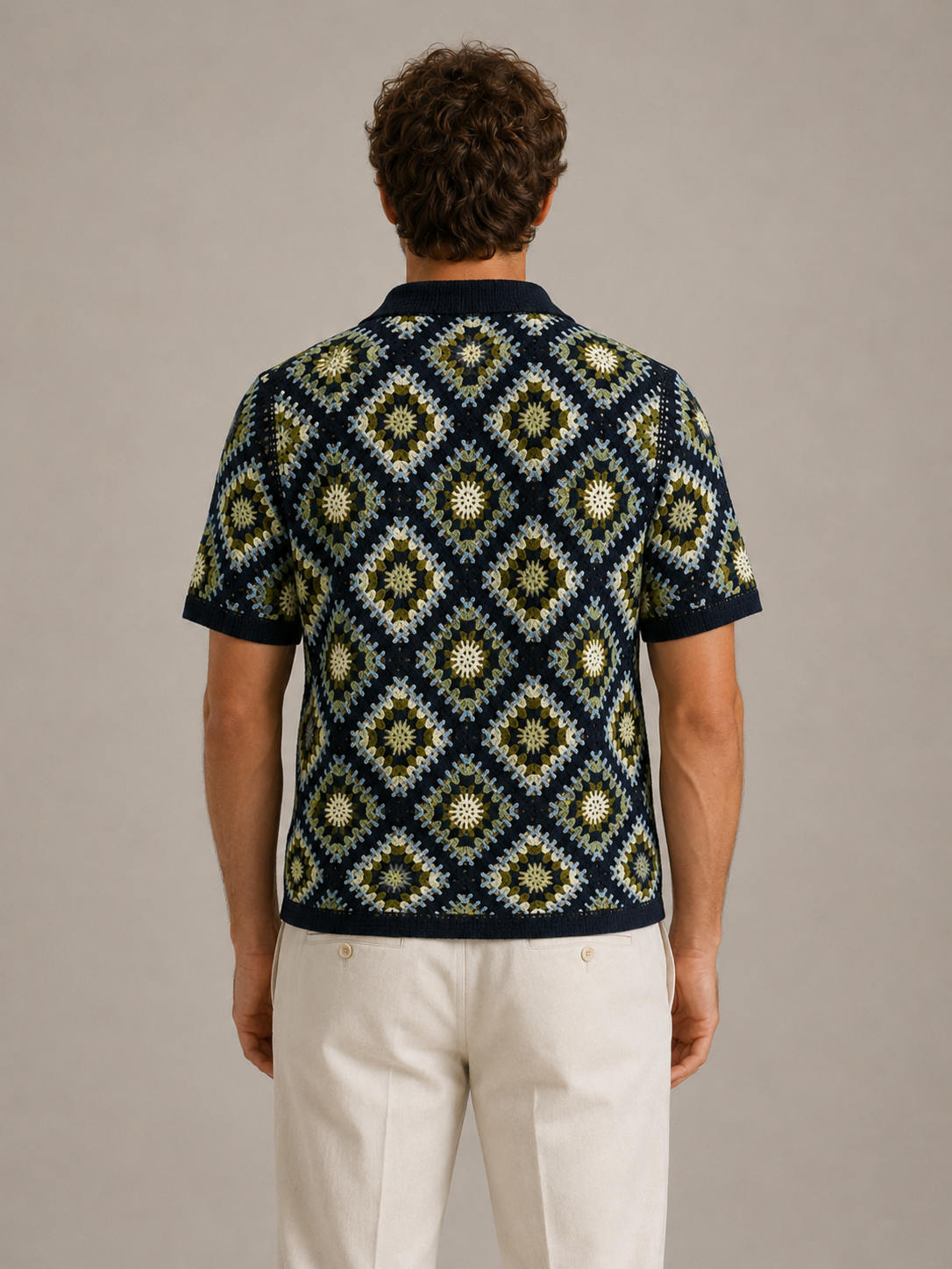 Summer Casual Short-sleeved Knit Cardigan for Men Color Blocking, Openwork Crochet Cardigan POLO