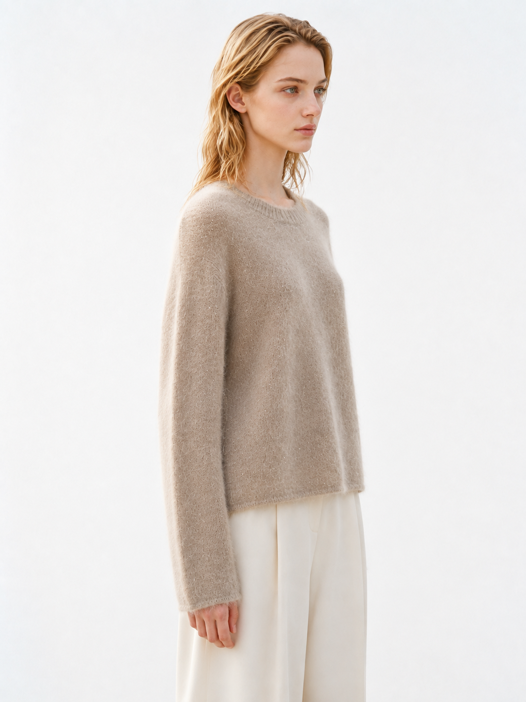 Women Fuzzy Knit Sweater Crew Neck Mohair Blend Pullover Ladies Oatmeal Beige Jumper Soft Hairy Autumn Winter Knitwear