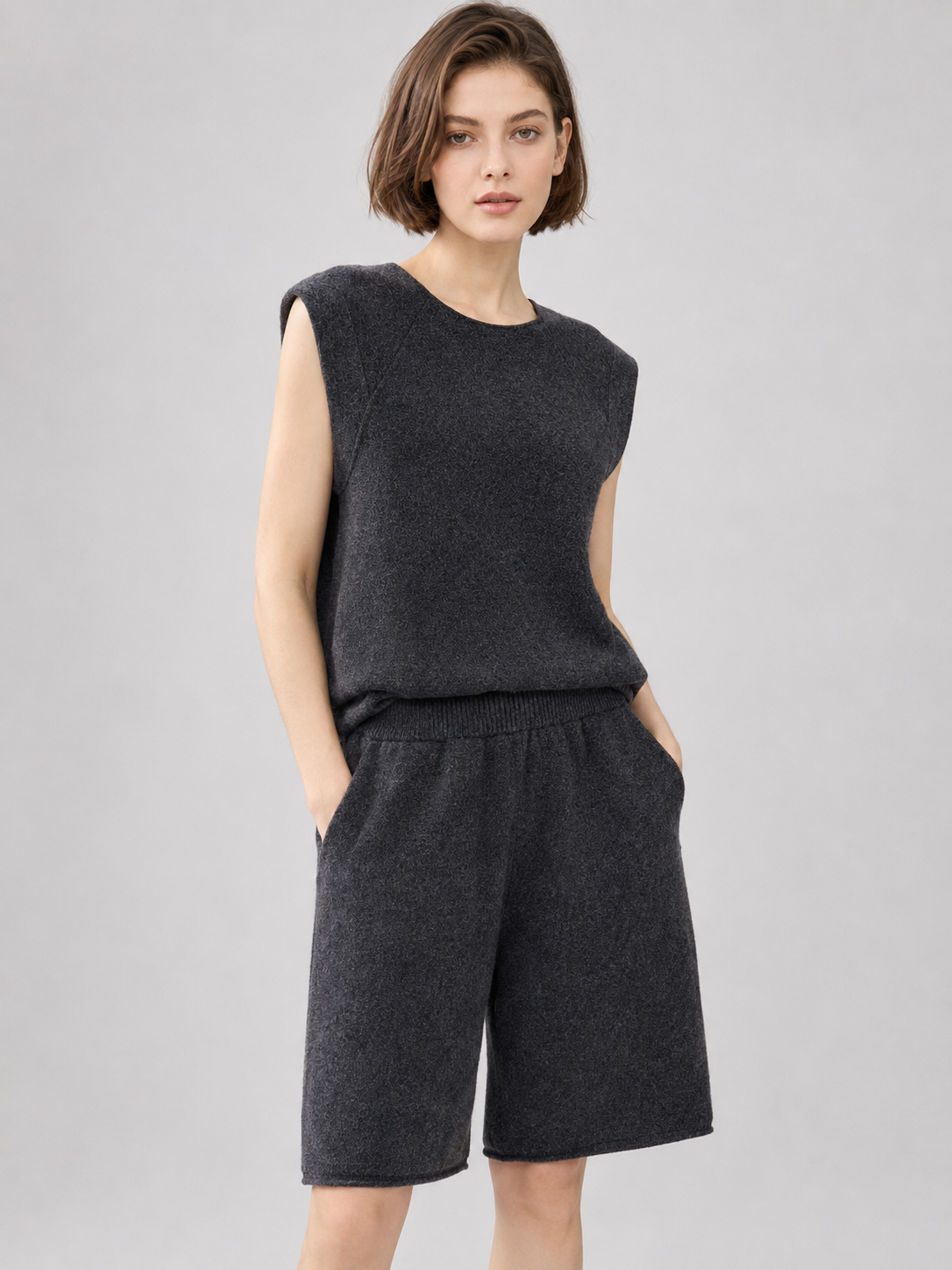 Women Two Piece Knit Set Sleeveless Crew Neck Sweater Vest and Loose Bermuda Shorts Casual Matching Outfit
