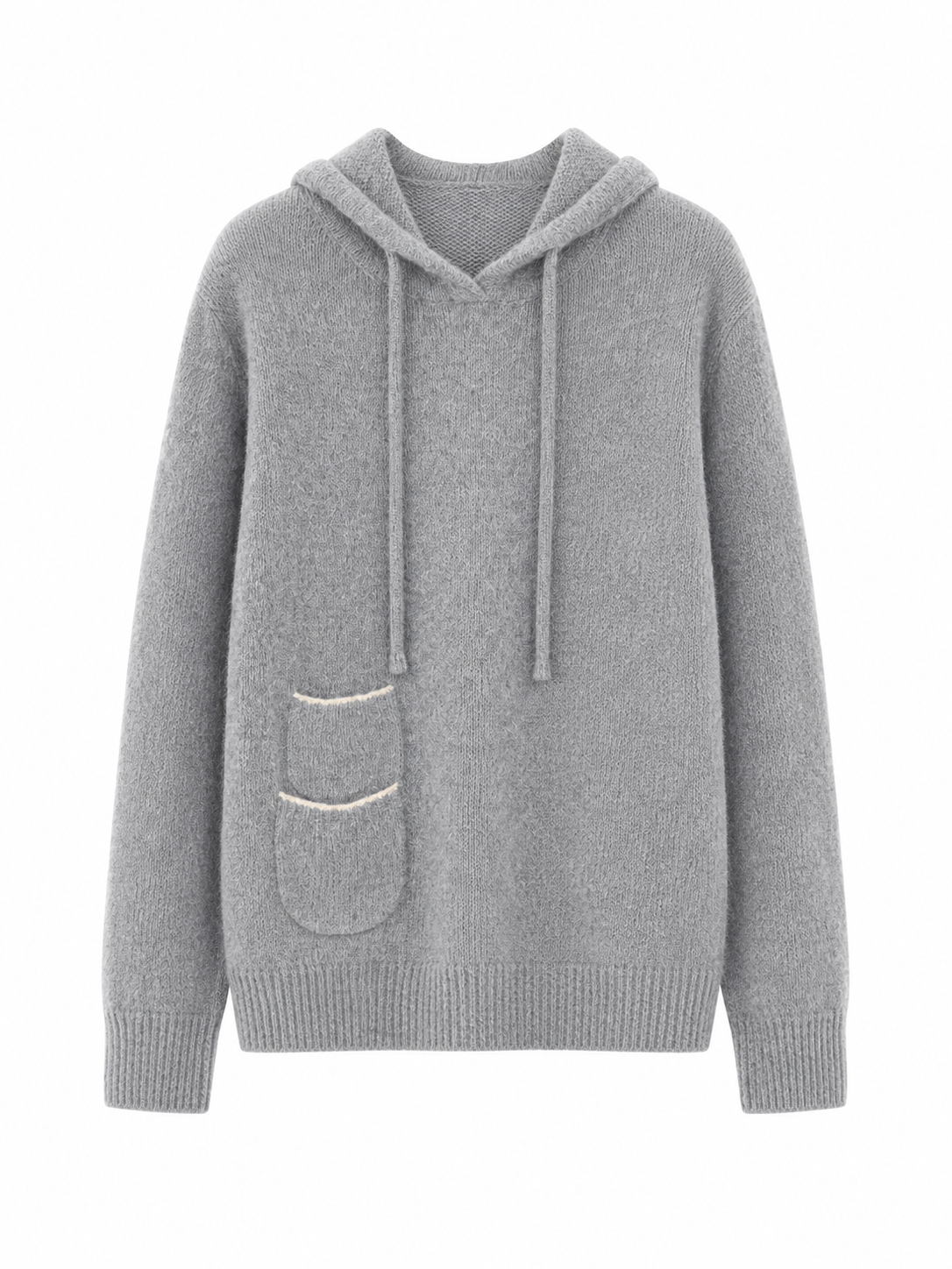 Soft Wool Hooded Sweater – Relaxed Grey Knit Pullover with Contrast Pocket