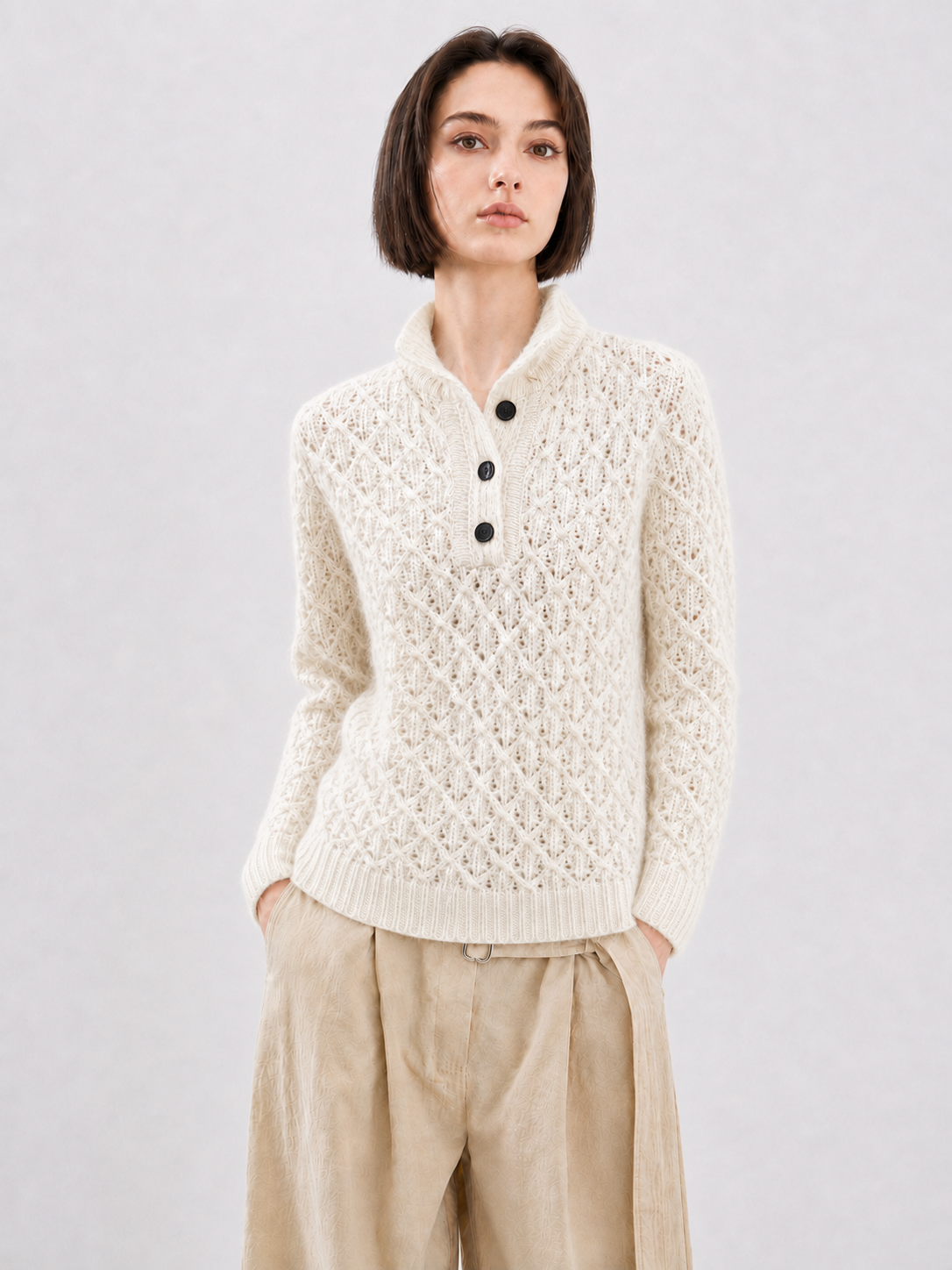 Womens Henley Cable Knit Sweater Mock Neck Button Placket Pullover Cream Chunky Ladies Jumper Autumn Winter Knitwear