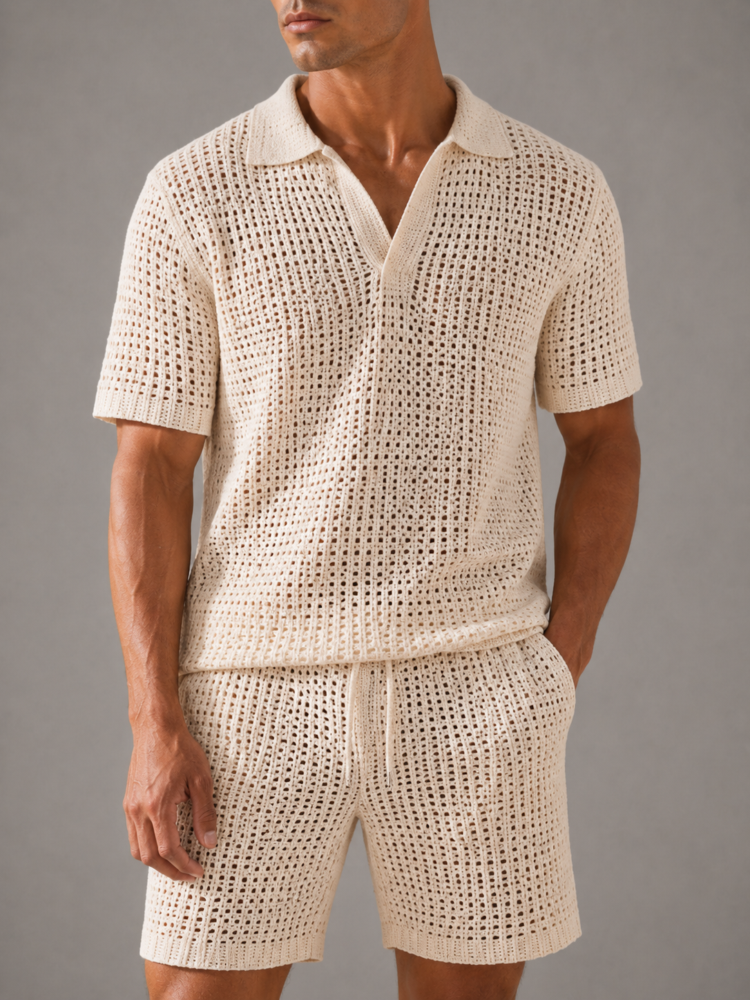 Men Knitwear Set Factory Custom Hollow Out Crochet Shirt Shorts Wholesale OEM ODM Low MOQ Supplier China