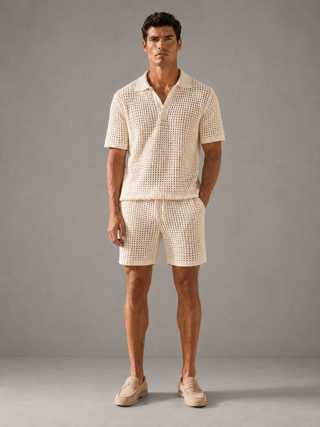 Men Knitwear Set Factory Custom Hollow Out Crochet Shirt Shorts Wholesale OEM ODM Low MOQ Supplier China