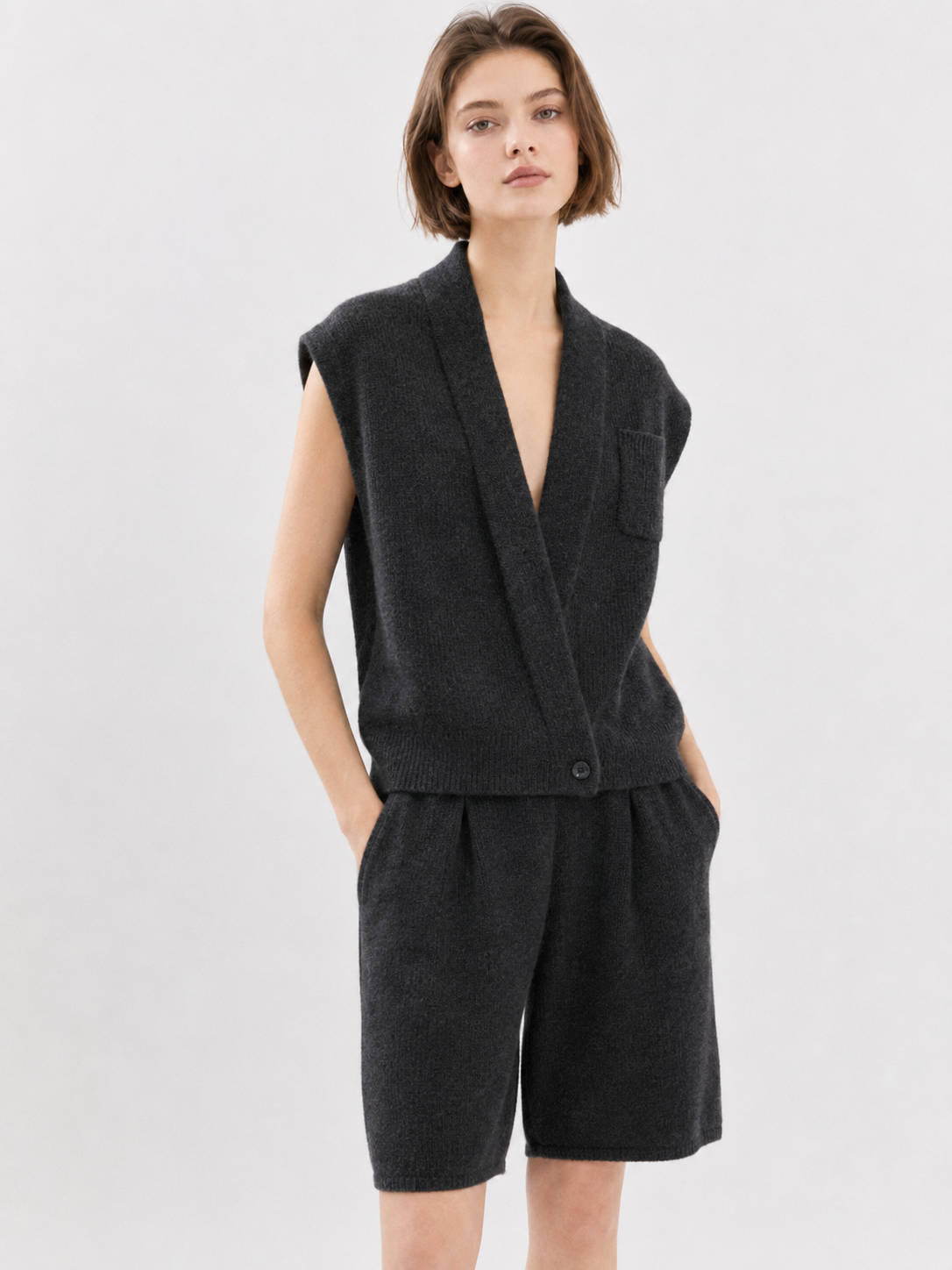 Women's Charcoal Gray Knit Two Piece Set Sleeveless Lapel Cardigan Vest and Wide Leg Shorts for Office Casual Wear