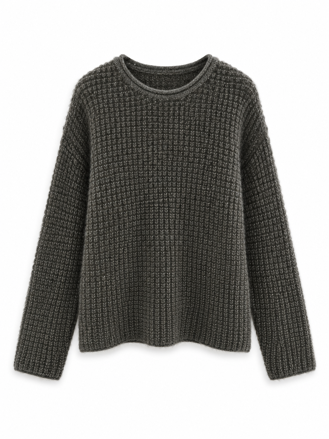 Waffle Knit Mohair Sweater Women Olive Green Textured Chunky Crew Neck Oversized Drop Shoulder Pullover Fuzzy Jumper