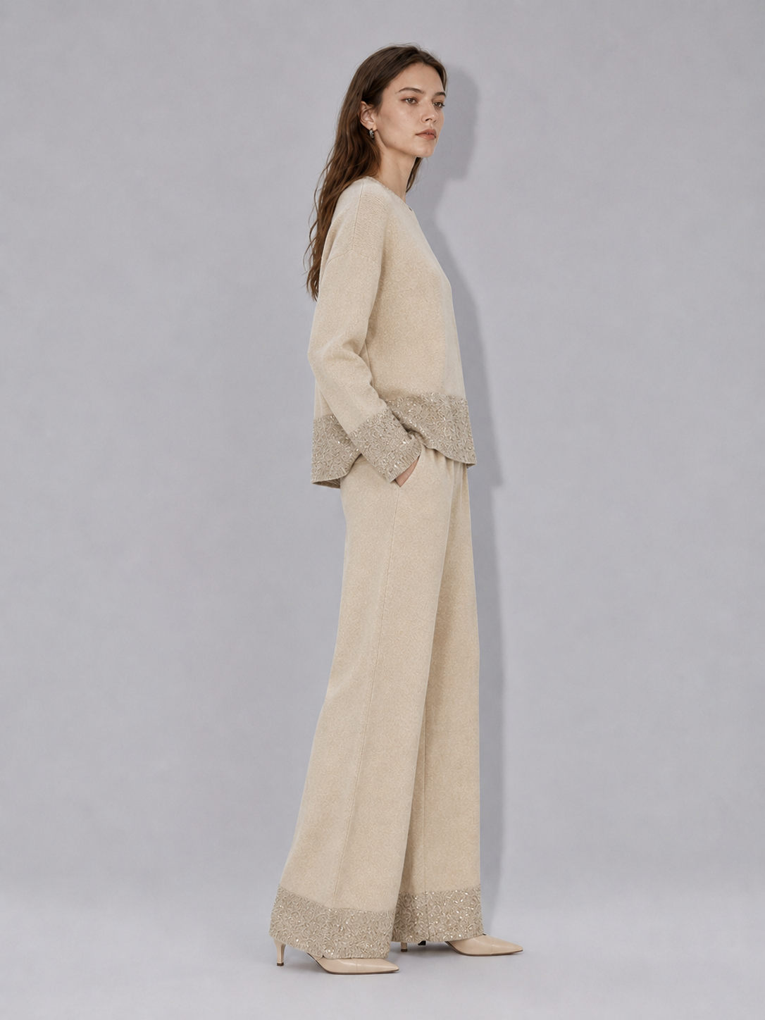 Autumn Soft Bottom Knit Pullover and Pants Set Casual Solid Cashmere Knitted Sweater Set Knitted Two-pieces Set for Women