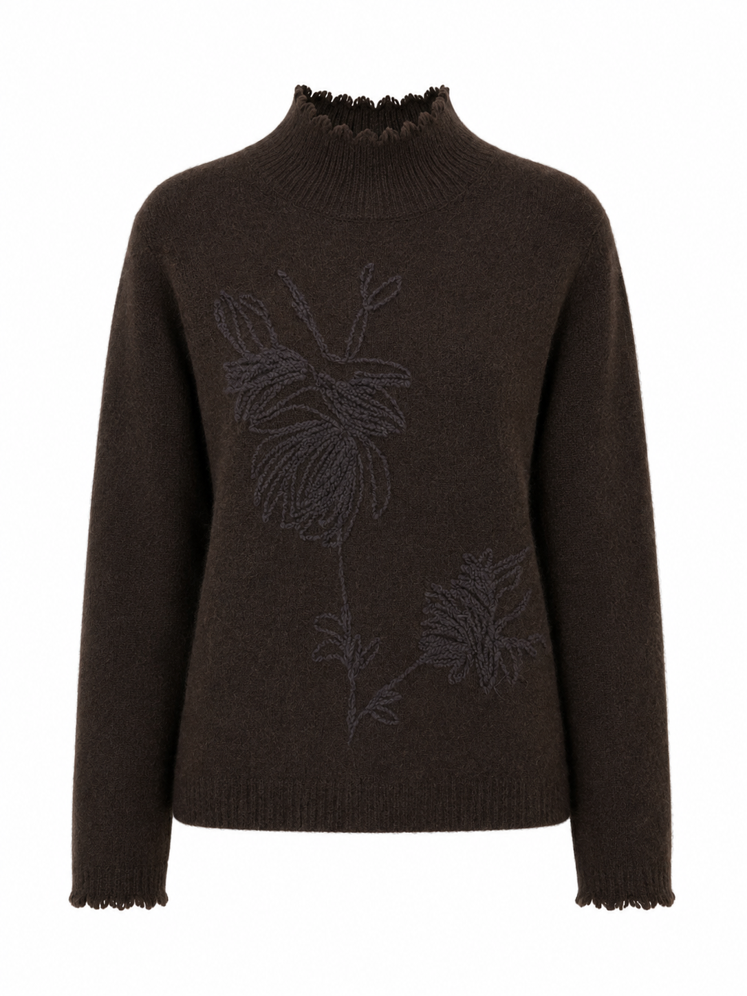 Women's high-neck embroidered luxurious wool and cashmere blend cardigan for large size, with matching floral jacquard pattern