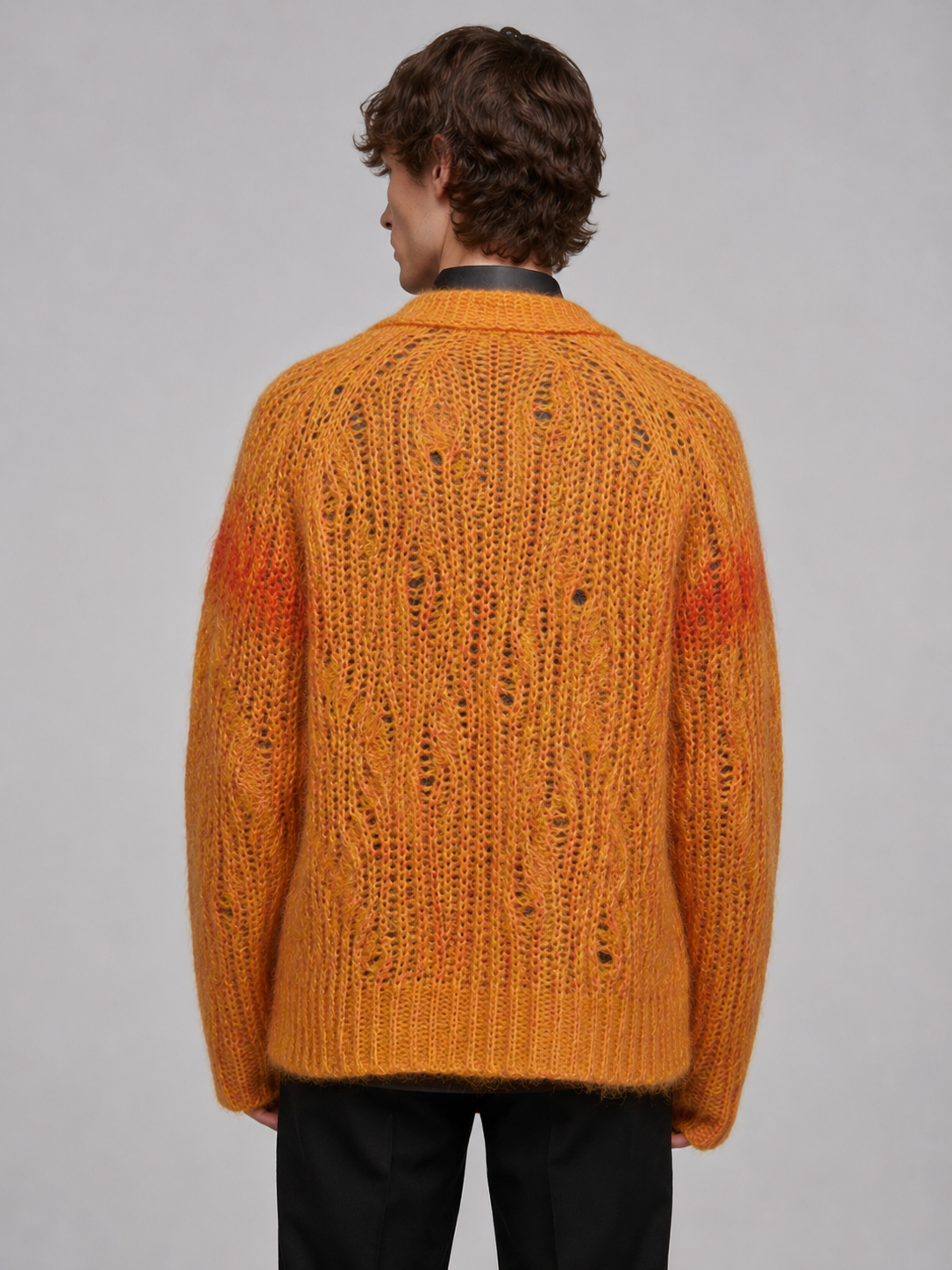 Wholesale Custom Fuzzy Mohair Wool Blend Leopard Jacquard Oversize Crew Neck Cropped Men Knit Sweater Luxury Street Knitwear