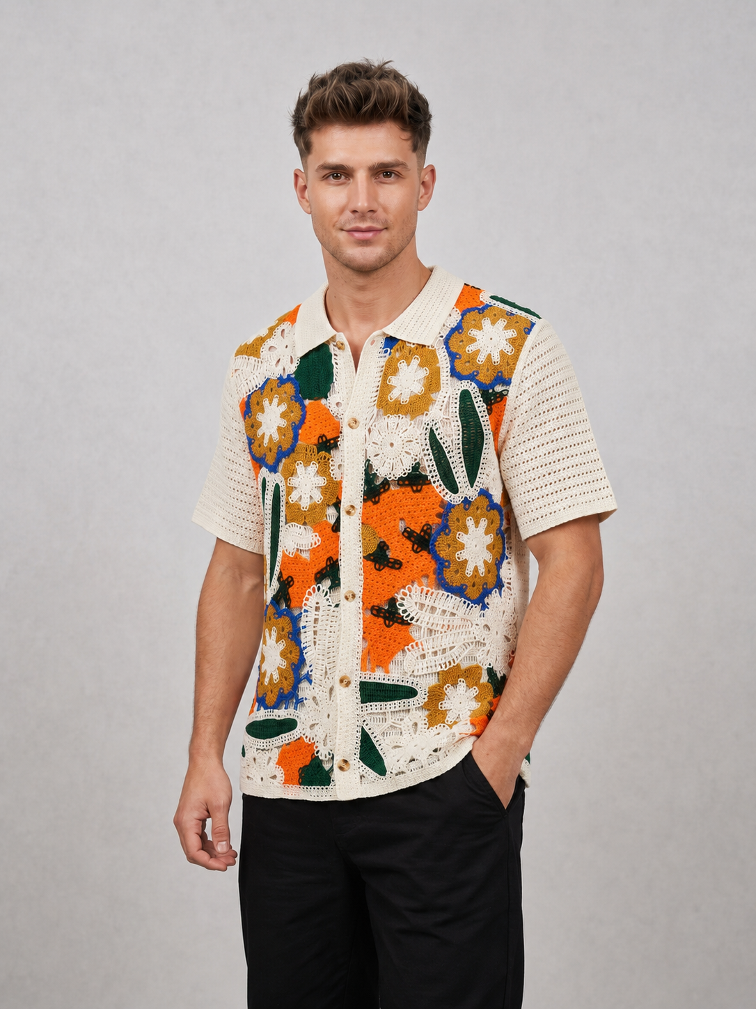 Wholesale Men's Polo Shirt Summer Casual Short Sleeve Imitation Hand-Crocheted Cardigan Slim Fit Hollow Floral Knitted Lapel Top