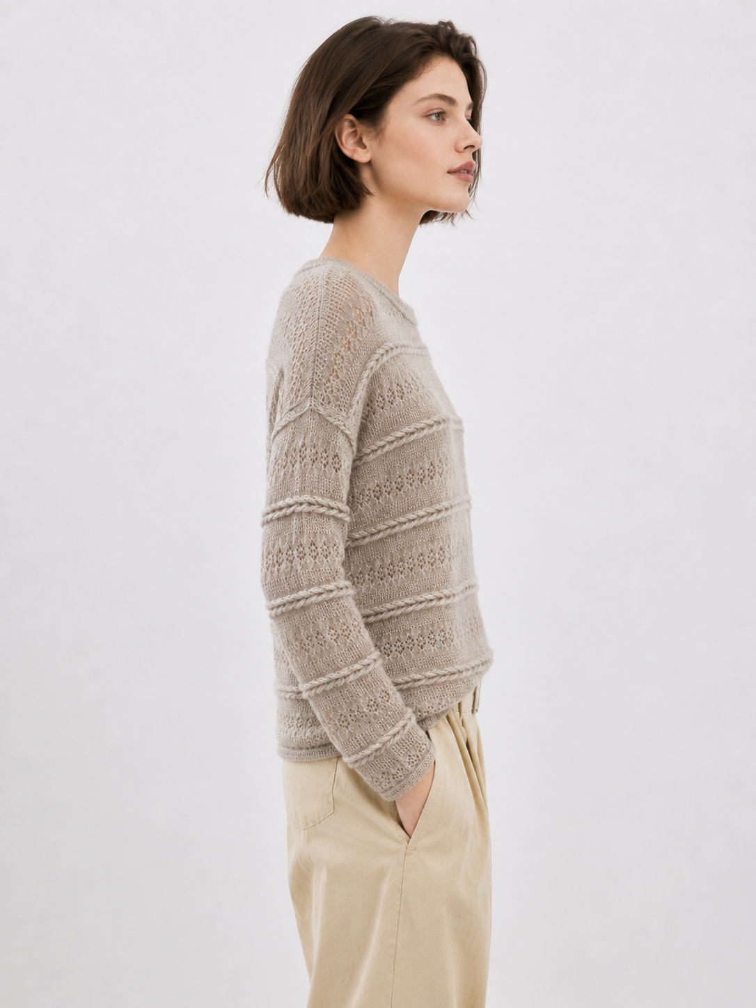 Quiet Luxury Pointelle Knit Sweater Women Oatmeal Hollow Out Striped Mohair Blend Crew Neck Loose Fit Pullover Jumper