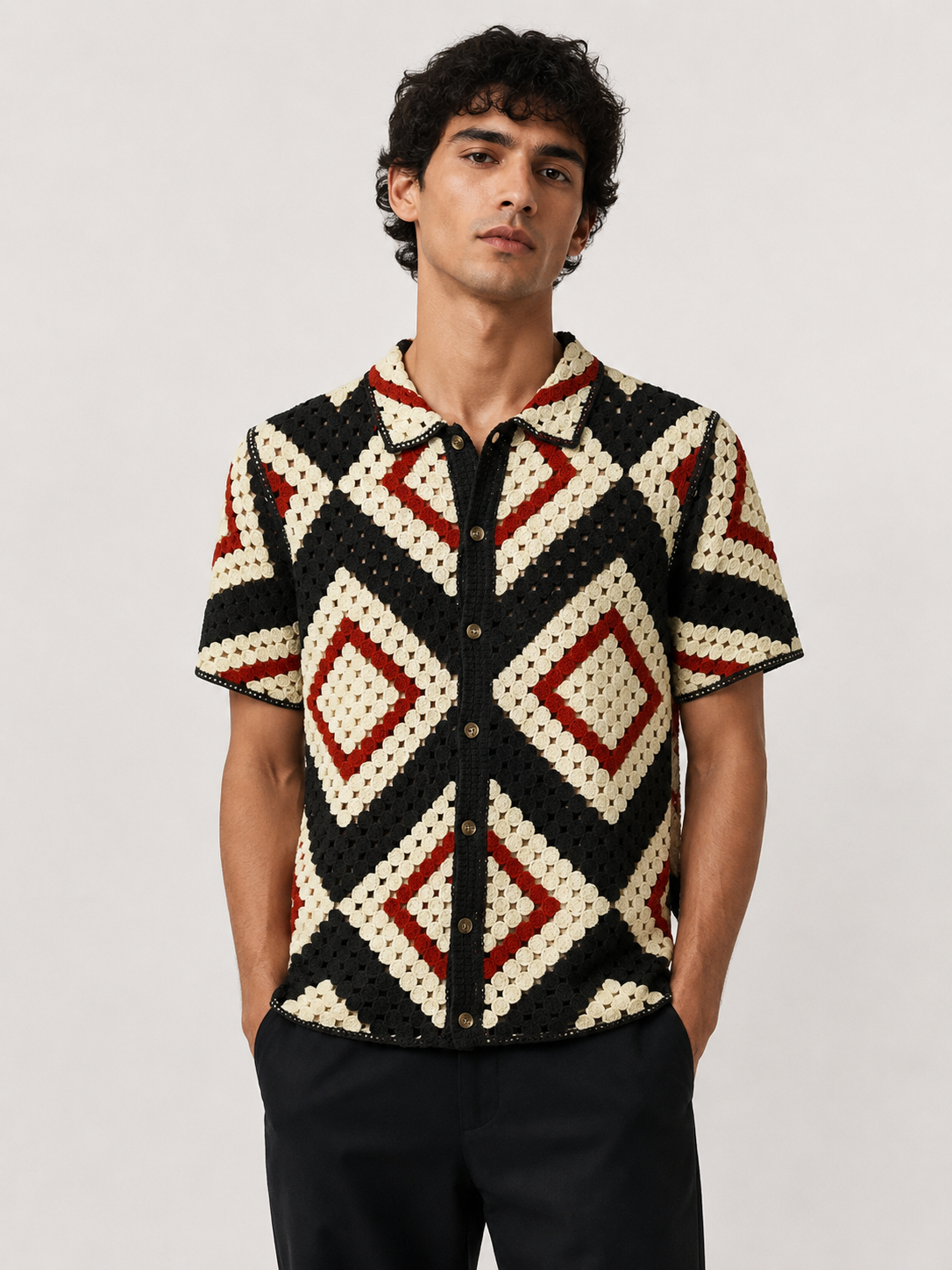 Vintage Geometric Crochet Knit Button-Up Shirt