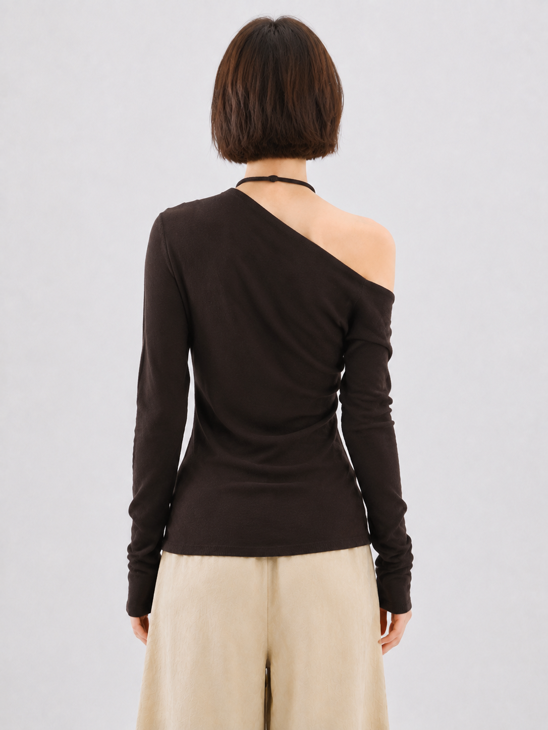 Women Asymmetric One Shoulder Long Sleeve Top Ruched Slim Fit Draped Blouse with Tie Strap for Autumn Fashion