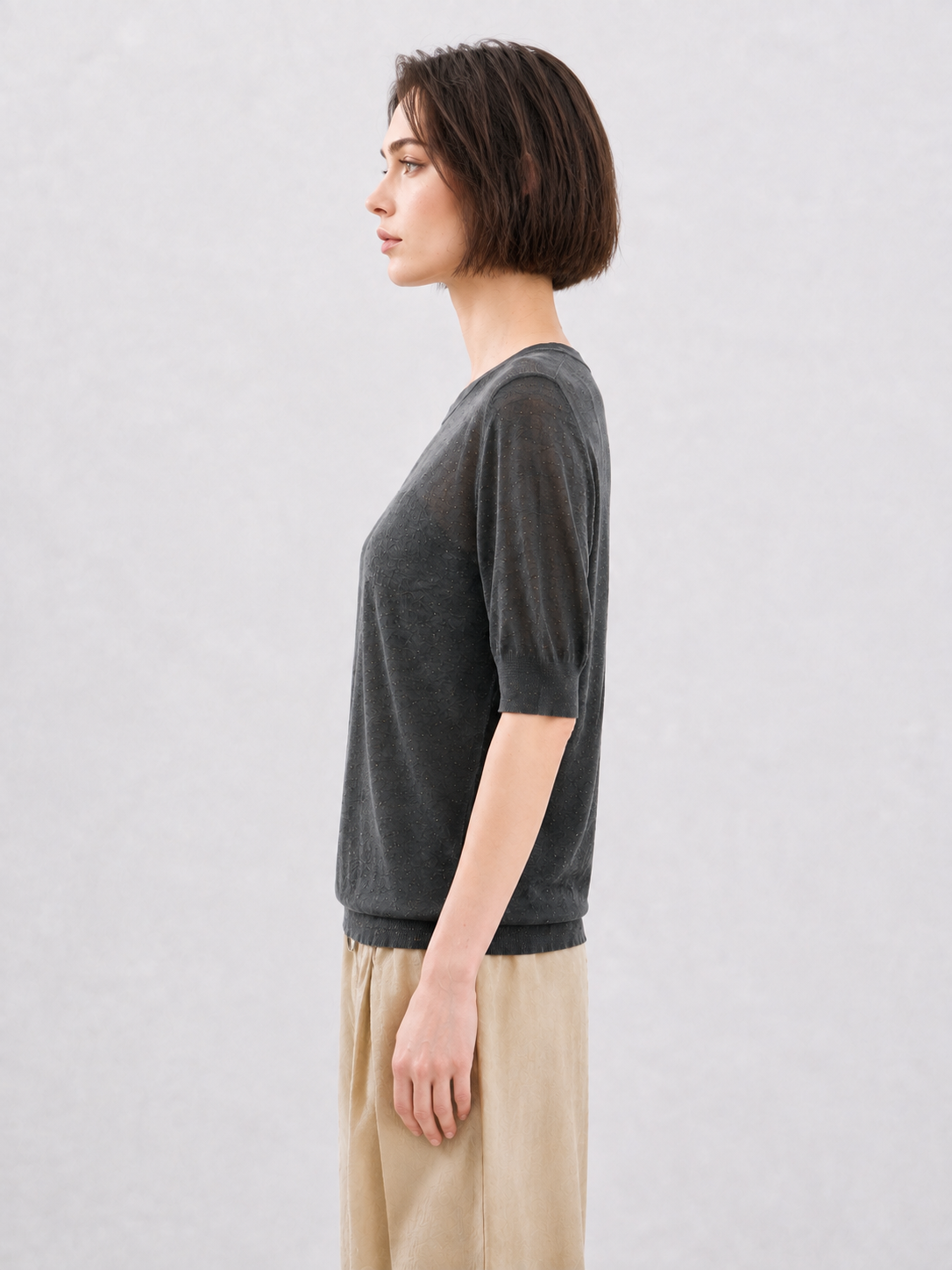 Womens Semi Sheer Knit Top Short Puff Sleeve Round Neck Thin Lightweight Summer Sweater Ladies Casual Pullover Knitwear