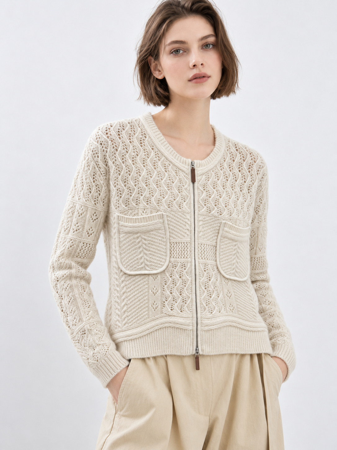 Women's Cable Knit Cardigan Crew Neck Zip Up Sweater Jacket with Four Patch Pockets Long Sleeve Casual Knitwear