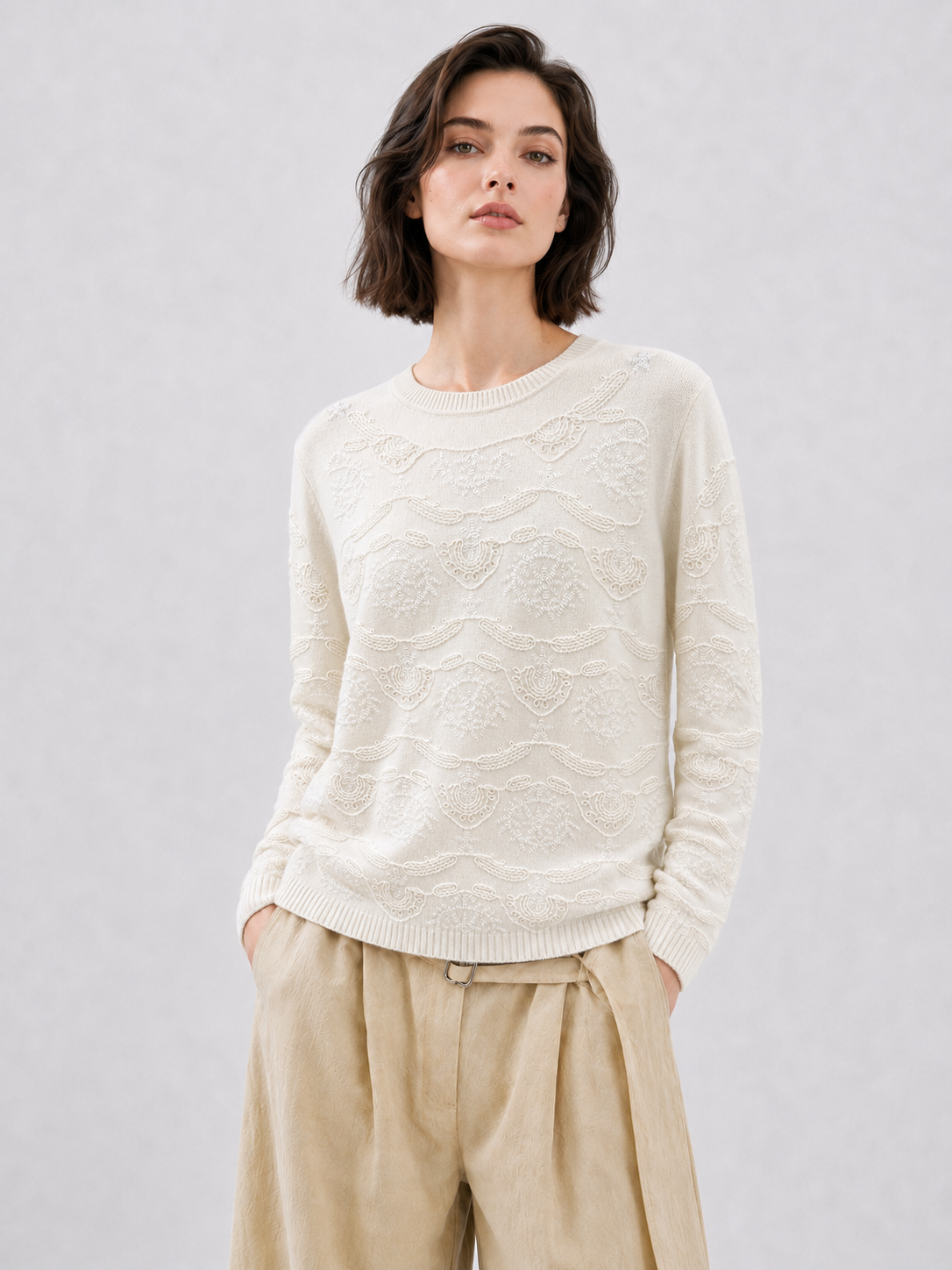 Womens Textured Wave Pointelle Knit Sweater Crew Neck Pullover Ivory Loose Fit Ladies Jumper Autumn Winter Knitwear