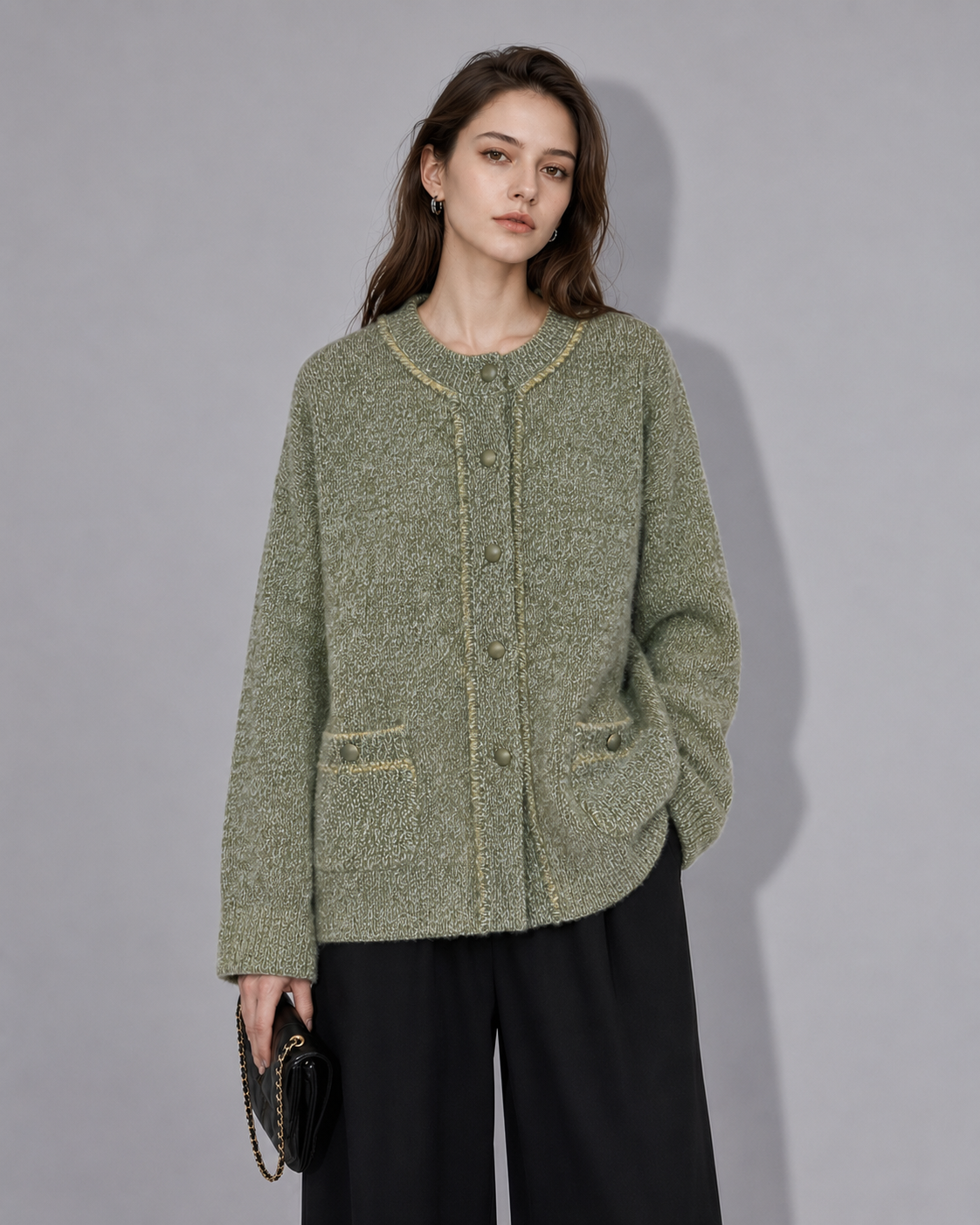 Luxury Wool Cardigan Sweater – Olive Green Minimalist Knit Jacket with Vintage Button Detail	