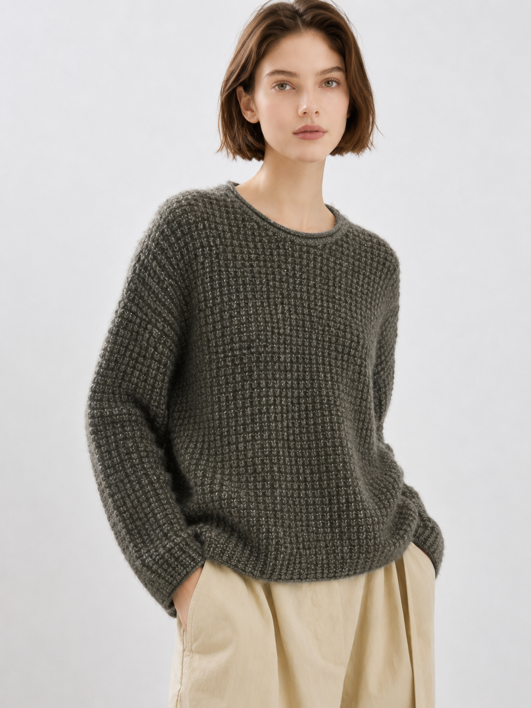 Waffle Knit Mohair Sweater Women Olive Green Textured Chunky Crew Neck Oversized Drop Shoulder Pullover Fuzzy Jumper