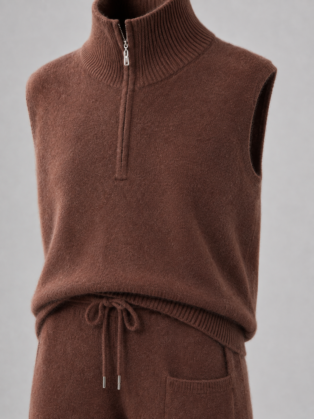 Women Knit Two Piece Set Half Zip Mock Neck Sleeveless Vest and Drawstring Wide Leg Pants Brown Lounge Outfit