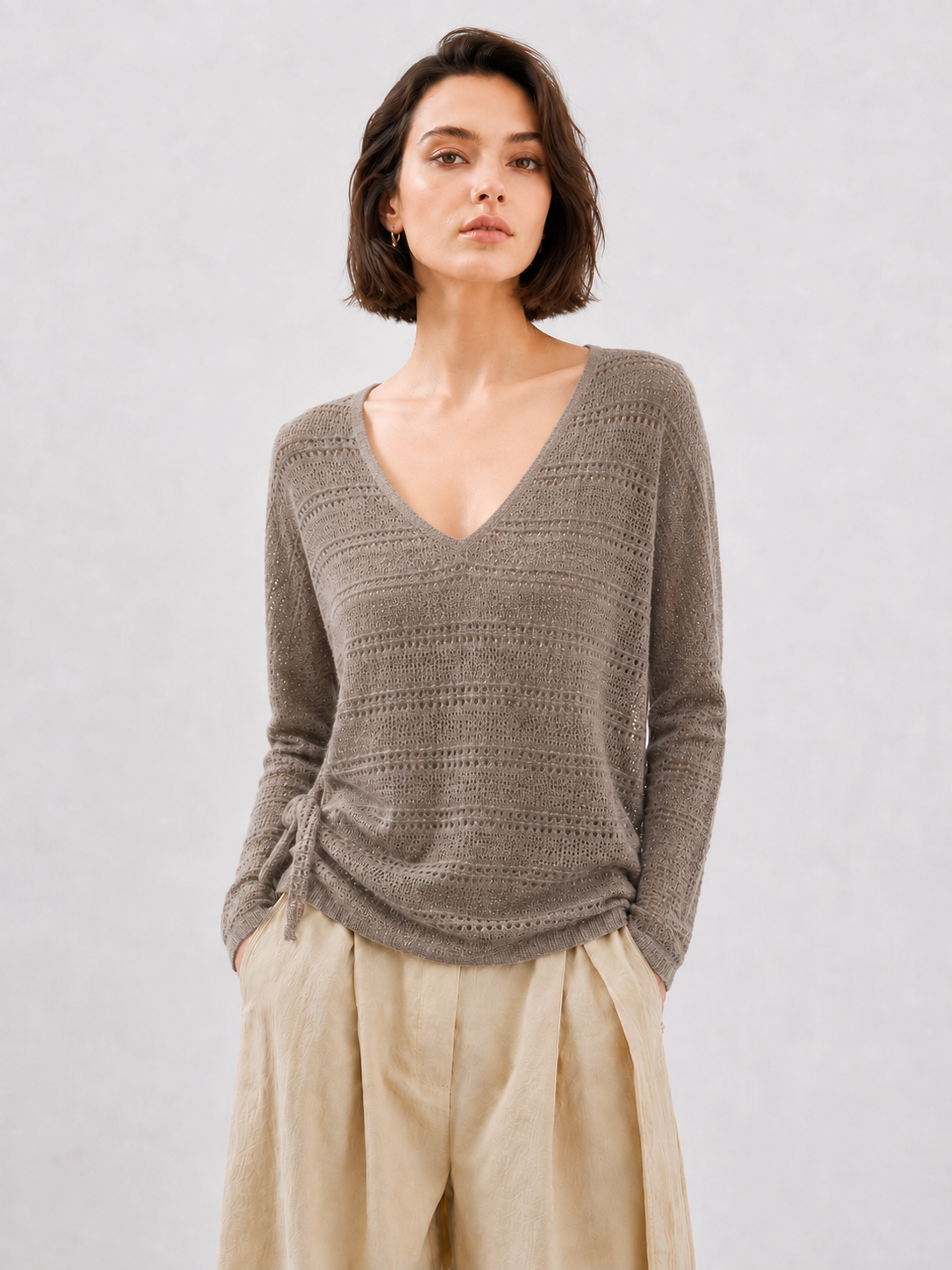 Womens Pointelle Knit Sweater V Neck Loose Pullover Taupe Lightweight Openwork Ladies Jumper Spring Autumn Knitwear