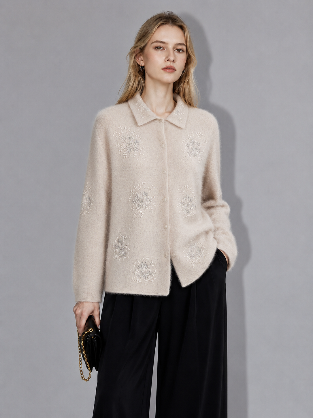 Wholesale new high-end cardigan made of 100% cashmere, long-sleeved sweater with embroidery, coat-like outerwear