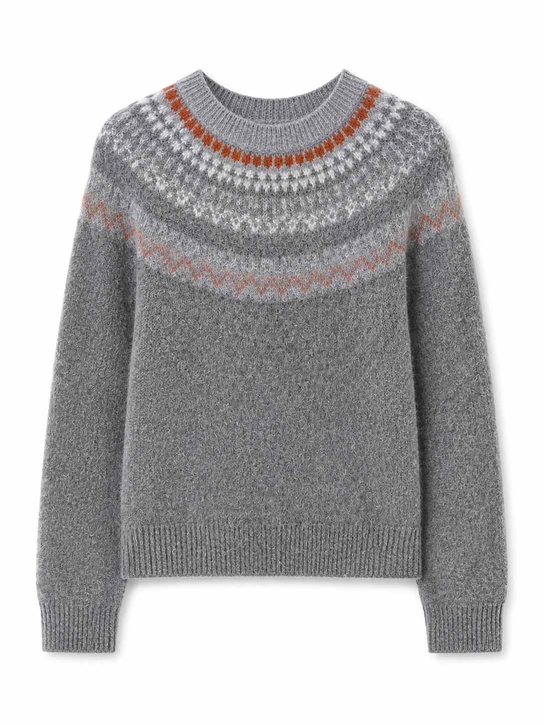 Women Fair Isle Sweater Nordic Jacquard Yoke Knit Pullover Ladies Crew Neck Fuzzy Jumper Grey Winter Knitwear