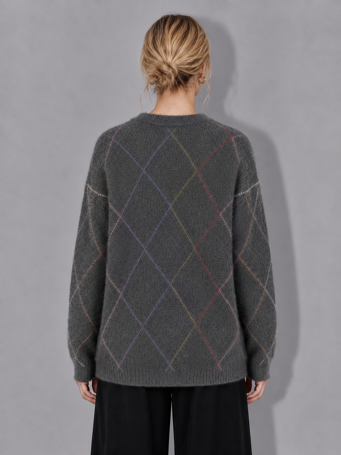Womens Argyle Knit Sweater and Wide Leg Pants Set Round Neck Jacquard Pullover Ladies Autumn Winter Two Piece Knitwear