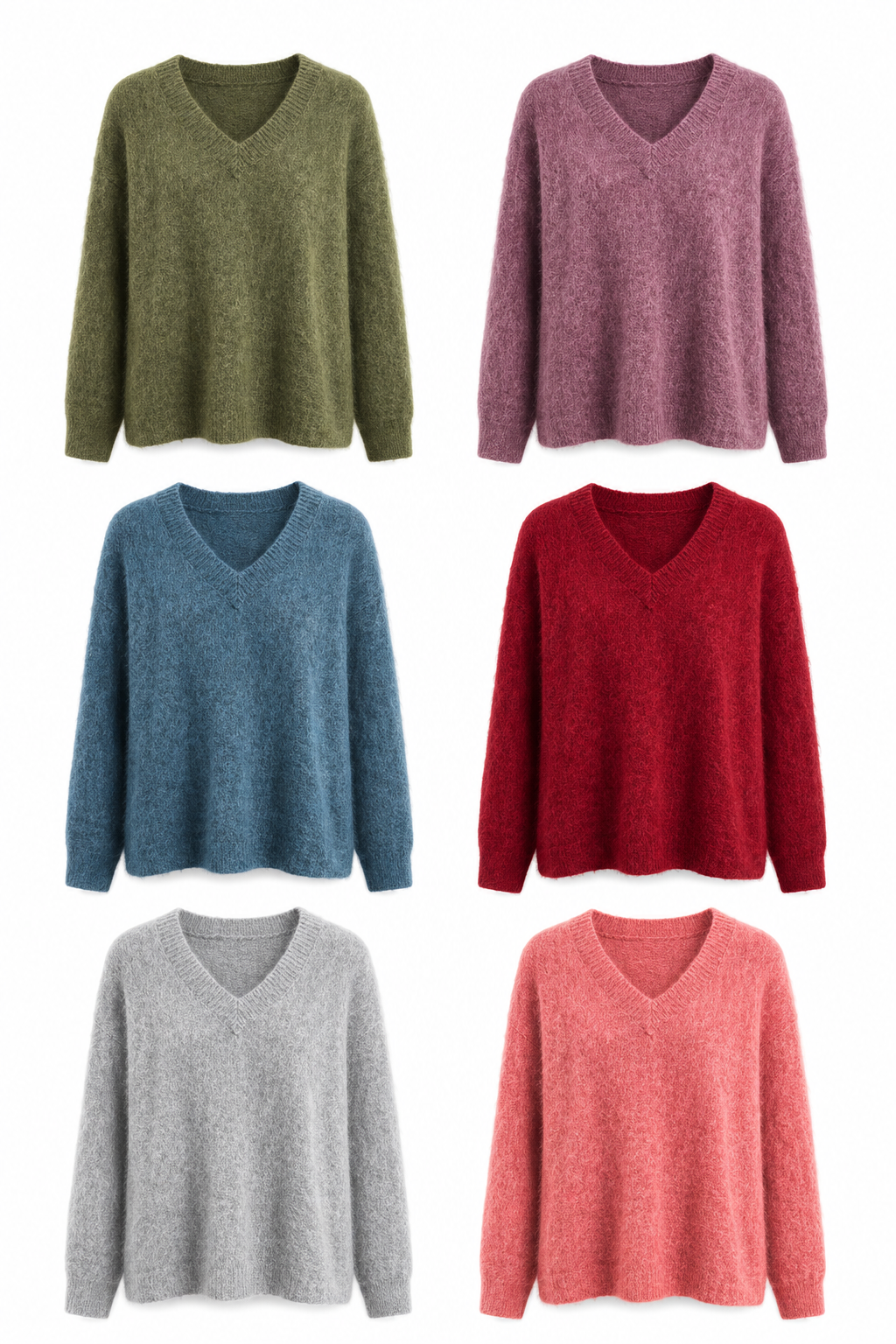 Women Fluffy Knit Sweater V Neck Wool Blend Pullover Ladies Heather Grey Jumper Cozy Warm Autumn Winter Knit Top