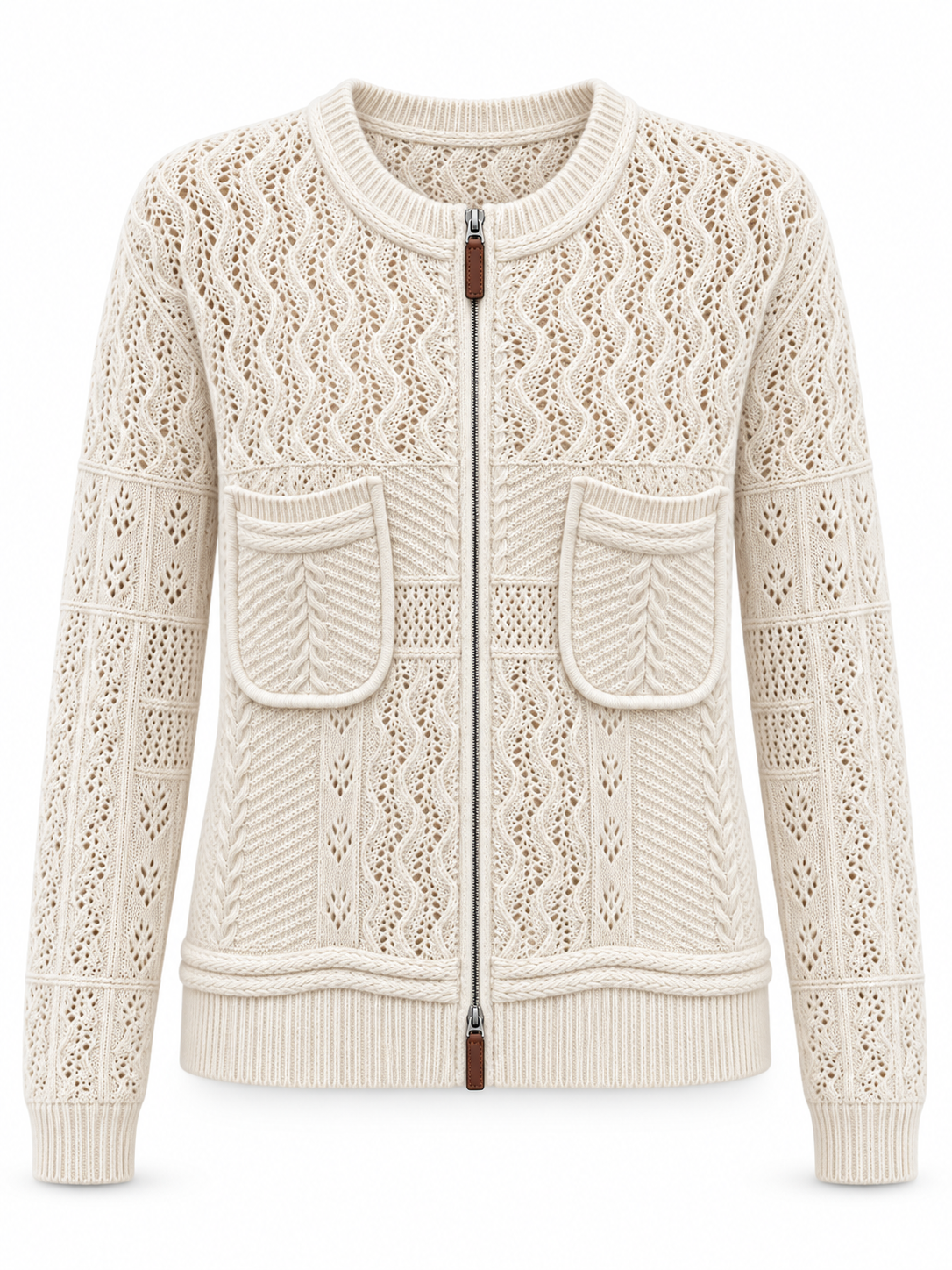 Women's Cable Knit Cardigan Crew Neck Zip Up Sweater Jacket with Four Patch Pockets Long Sleeve Casual Knitwear