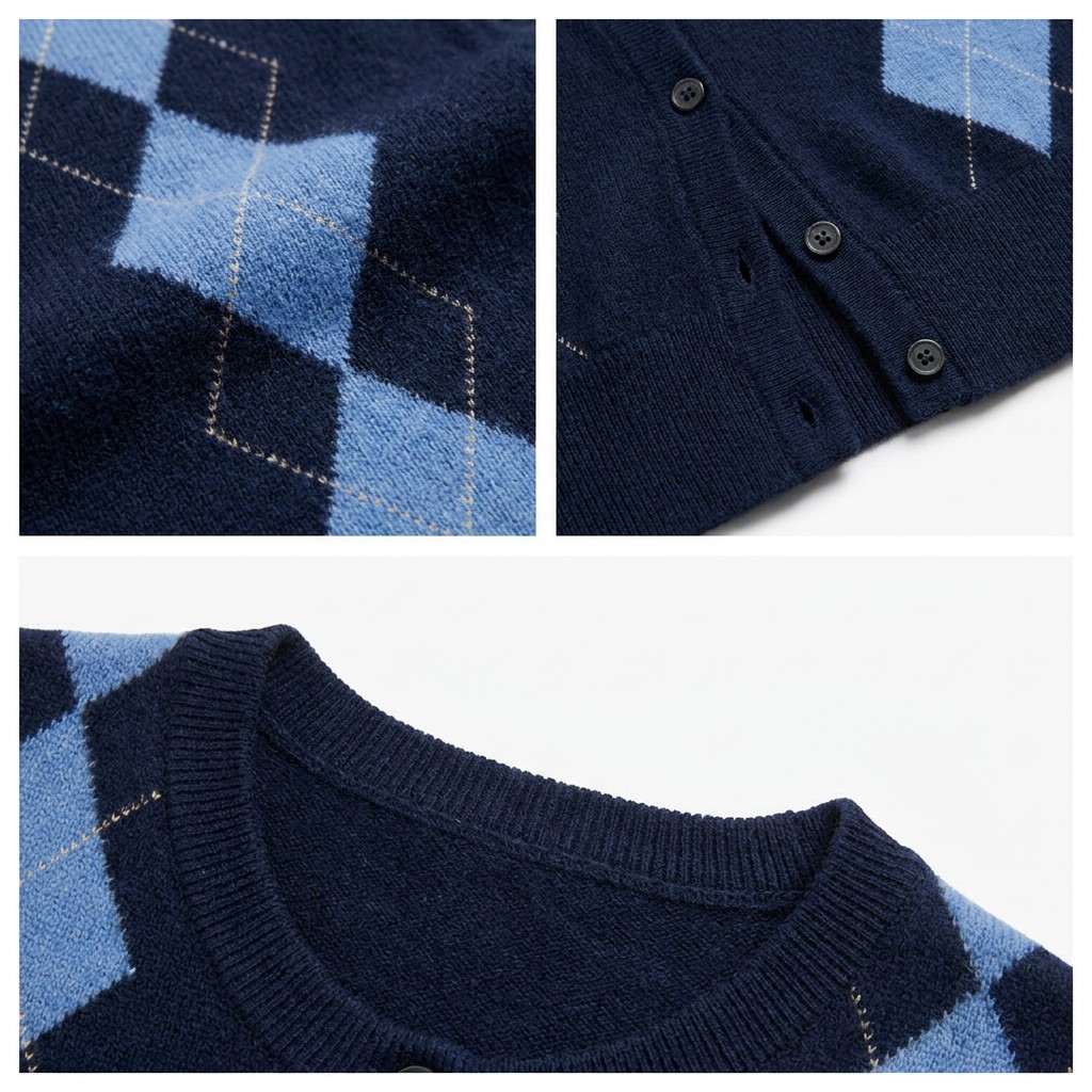 Women's Argyle Pattern Knit Cardigan Cashmere Wool Blend Autumn Winter Casual Office Outerwear