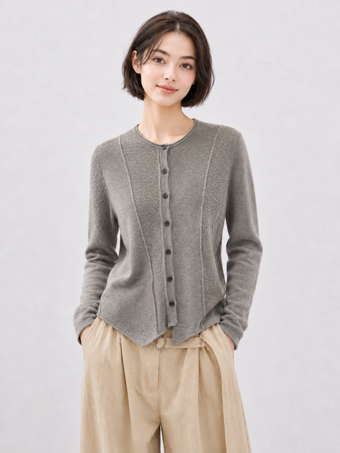 Women Round Neck Button Up Knit Cardigan Slim Fit Ribbed Panel Sweater Curved Hem Long Sleeve Grey Casual Knitwear Top