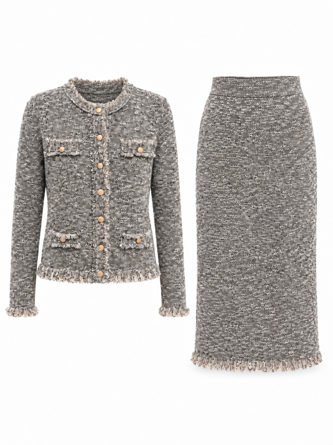 Women's Tweed Two Piece Skirt Set Collarless Fringe Trim Jacket and High Waist Midi Pencil Skirt Elegant Outfit