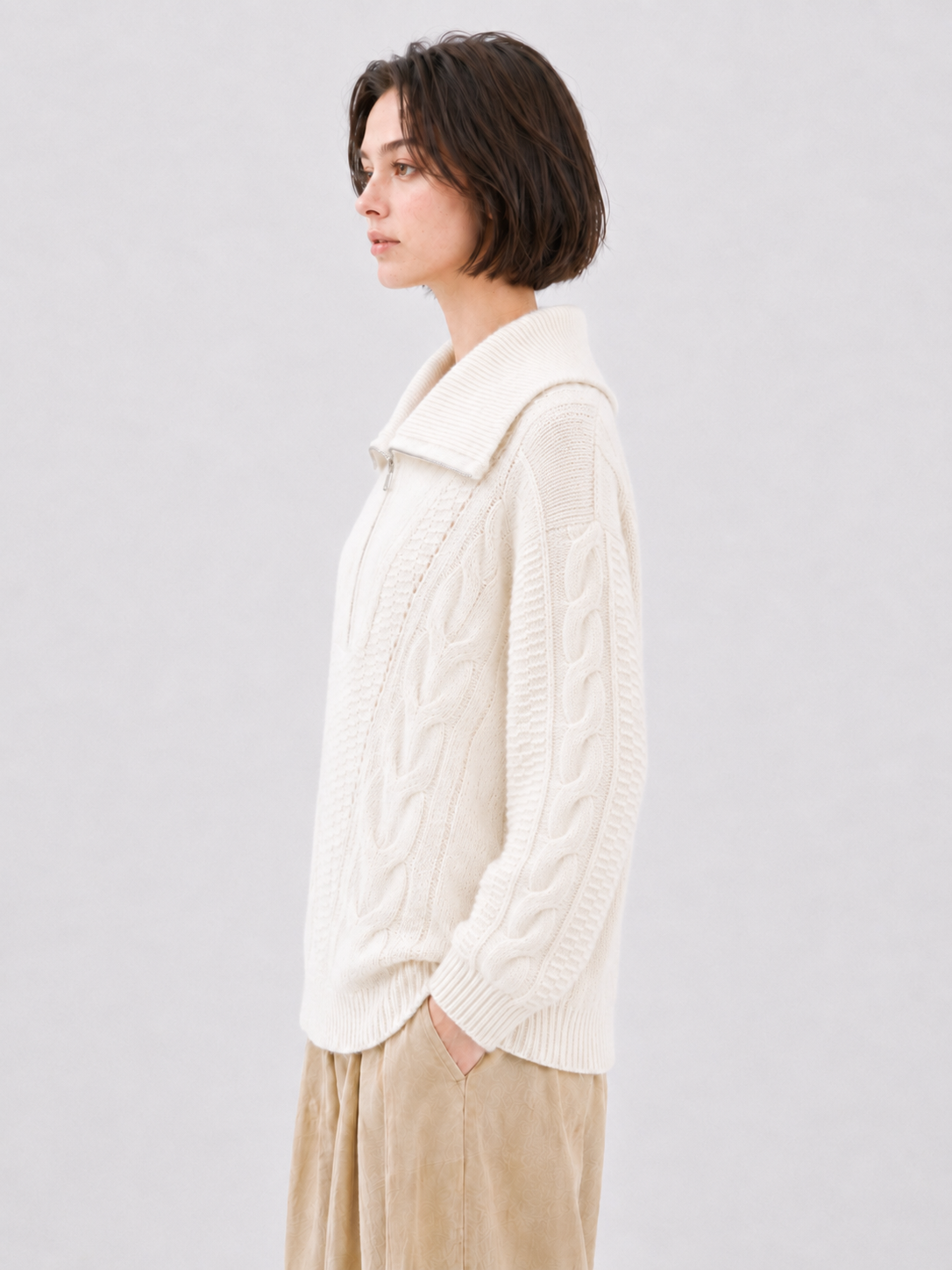 Women Half Zip Cable Knit Sweater Oversized Lapel Collar Pullover Drop Shoulder Chunky Twist Jumper Ivory Casual Knitwear