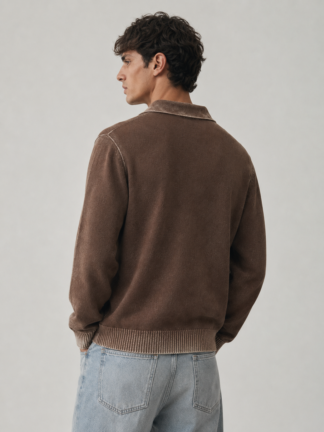Men's Luxury Brown Polo Neck Knit Sweater Oversized Fit Casual Pullover Vintage Style Winter Jumper