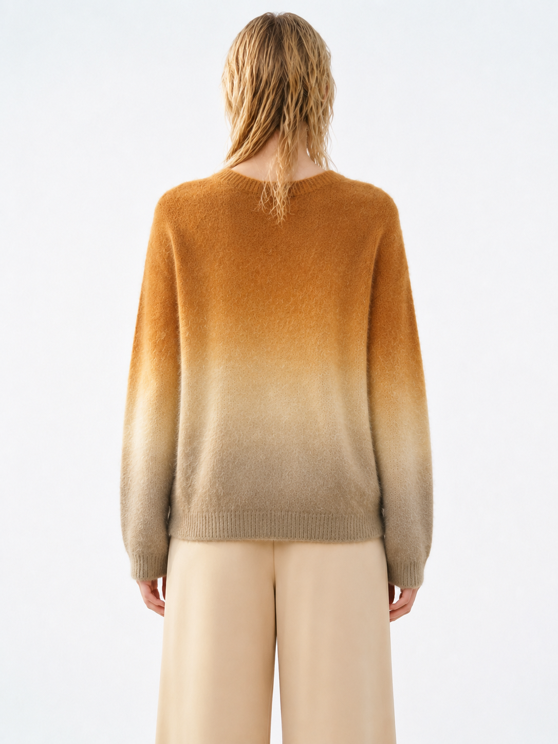 Ombre Gradient Mohair Sweater Women Caramel Fuzzy Knit V Neck Oversized Dip Dye Pullover Fluffy Jumper Drop Shoulder