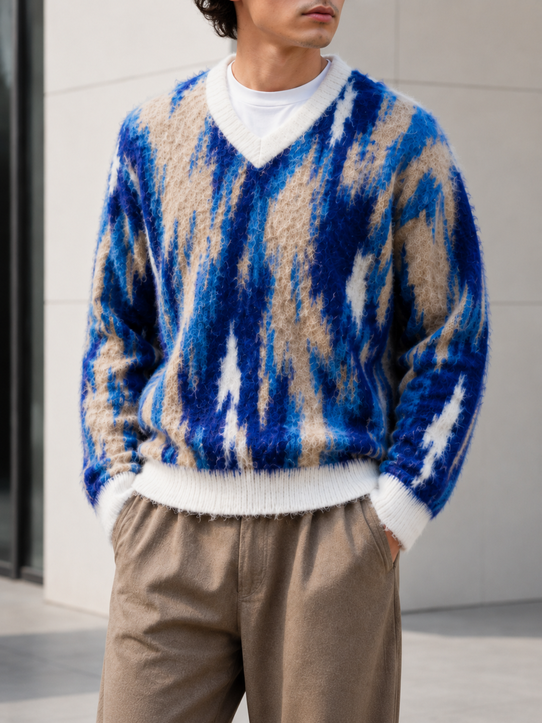 Wholesale Custom Knitted Faux Mohair Oversized Pullover Sweater Cotton Streetwear Jacquard Knit for Polo Tops for Winter Season