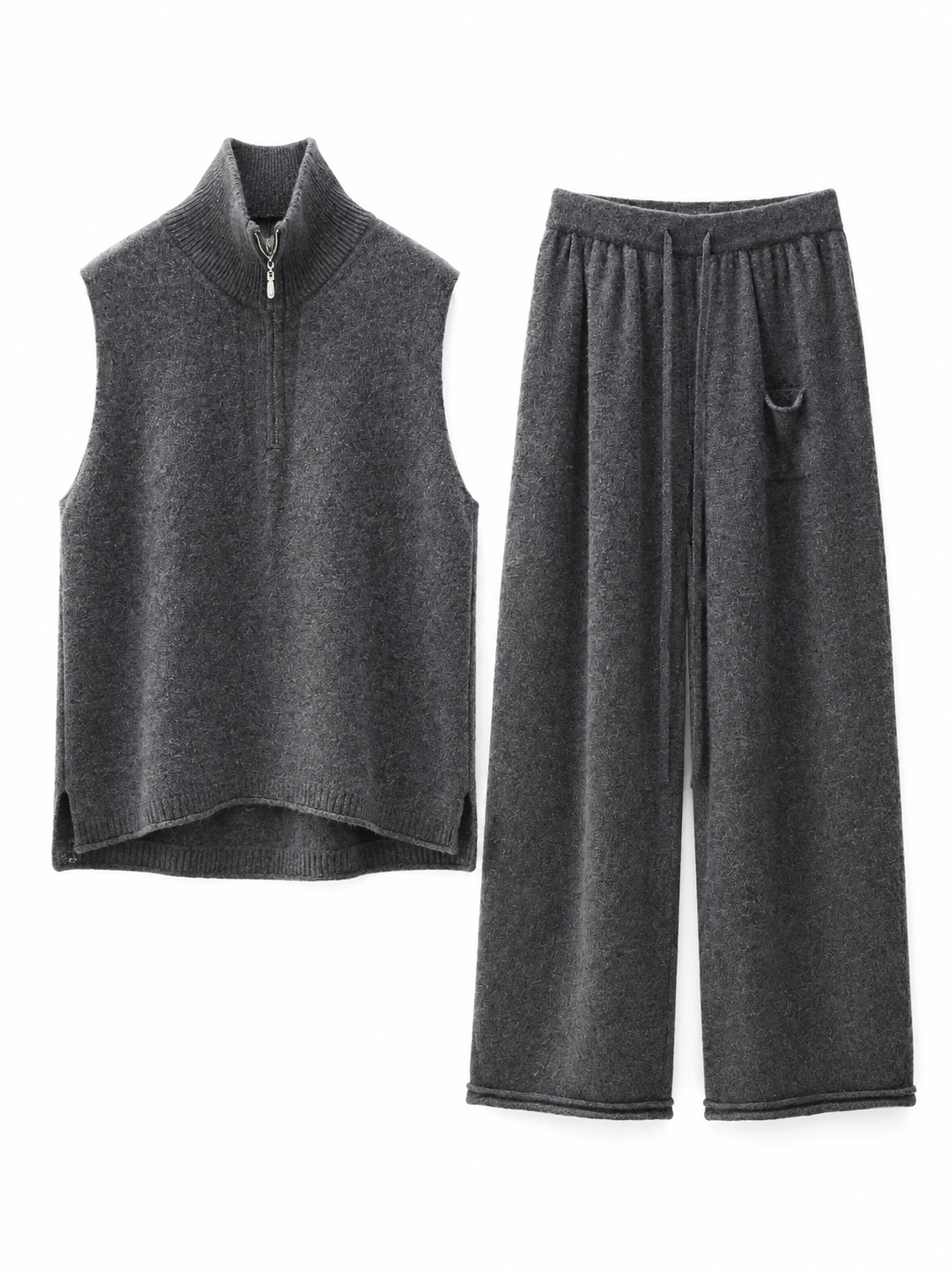 Women Knit Two Piece Set Half Zip Mock Neck Sleeveless Vest and Drawstring Wide Leg Pants Brown Lounge Outfit