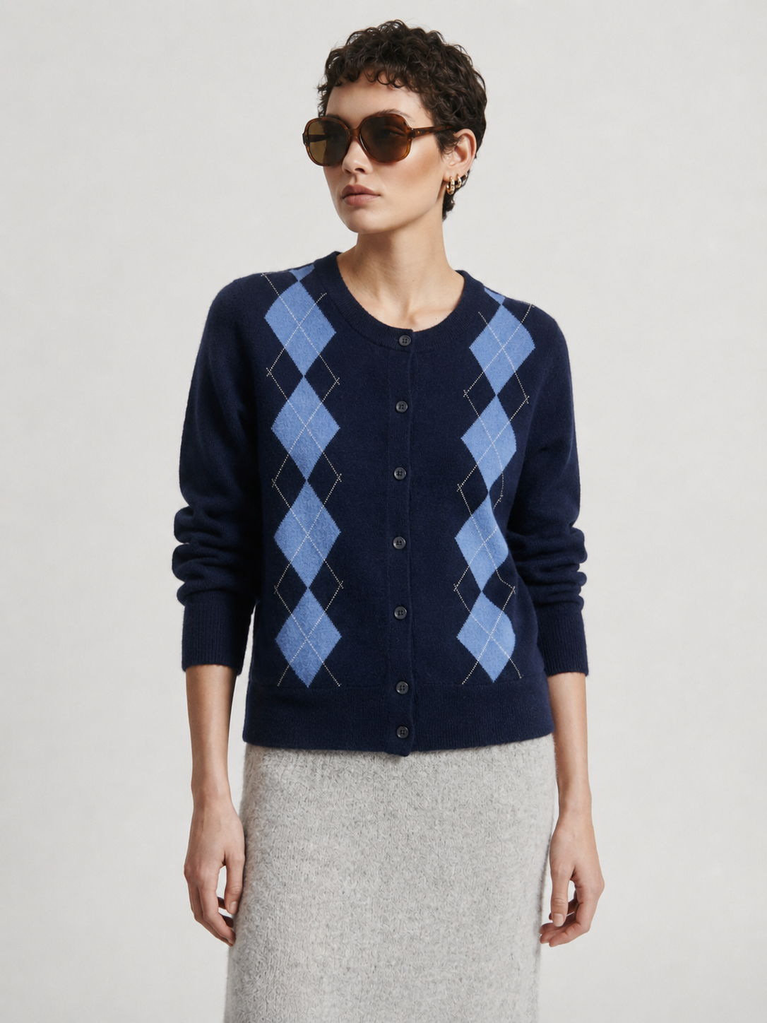 Women's Argyle Pattern Knit Cardigan Cashmere Wool Blend Autumn Winter Casual Office Outerwear